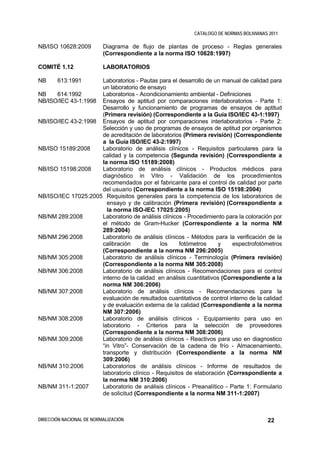CATALOGO DE NORMAS BOLIVIANAS 2011

NB/ISO 10628:2009         Diagrama de flujo de plantas de proceso - Reglas generales
                          (Correspondiente a la norma ISO 10628:1997)

COMITÉ 1.12               LABORATORIOS

NB     613:1991      Laboratorios - Pautas para el desarrollo de un manual de calidad para
                     un laboratorio de ensayo
NB    614:1992       Laboratorios - Acondicionamiento ambiental - Definiciones
NB/ISO/IEC 43-1:1998 Ensayos de aptitud por comparaciones interlaboratorios - Parte 1:
                     Desarrollo y funcionamiento de programas de ensayos de aptitud
                     (Primera revisión) (Correspondiente a la Guía ISO/IEC 43-1:1997)
NB/ISO/IEC 43-2:1998 Ensayos de aptitud por comparaciones interlaboratorios - Parte 2:
                     Selección y uso de programas de ensayos de aptitud por organismos
                     de acreditación de laboratorios (Primera revisión) (Correspondiente
                     a la Guía ISO/IEC 43-2:1997)
NB/ISO 15189:2008    Laboratorio de análisis clínicos - Requisitos particulares para la
                     calidad y la competencia (Segunda revisión) (Correspondiente a
                     la norma ISO 15189:2008)
NB/ISO 15198:2008    Laboratorio de análisis clínicos - Productos médicos para
                     diagnóstico in Vitro - Validación de los procedimientos
                     recomendados por el fabricante para el control de calidad por parte
                     del usuario (Correspondiente a la norma ISO 15198:2004)
NB/ISO/IEC 17025:2005 Requisitos generales para la competencia de los laboratorios de
                       ensayo y de calibración (Primera revisión) (Correspondiente a
                       la norma ISO-IEC 17025:2005)
NB/NM 289:2008       Laboratorio de análisis clínicos - Procedimiento para la coloración por
                     el método de Gram-Hucker (Correspondiente a la norma NM
                     289:2004)
NB/NM 296:2008       Laboratorio de análisis clínicos - Métodos para la verificación de la
                     calibración     de     los     fotómetros      y    espectrofotómetros
                     (Correspondiente a la norma NM 296:2005)
NB/NM 305:2008       Laboratorio de análisis clínicos - Terminología (Primera revisión)
                     (Correspondiente a la norma NM 305:2008)
NB/NM 306:2008       Laboratorio de análisis clínicos - Recomendaciones para el control
                     interno de la calidad en análisis cuantitativos (Correspondiente a la
                     norma NM 306:2006)
NB/NM 307:2008       Laboratorio de análisis clínicos - Recomendaciones para la
                     evaluación de resultados cuantitativos de control interno de la calidad
                     y de evaluación externa de la calidad (Correspondiente a la norma
                     NM 307:2006)
NB/NM 308:2008       Laboratorio de análisis clínicos - Equipamiento para uso en
                     laboratorio - Criterios para la selección de proveedores
                     (Correspondiente a la norma NM 308:2006)
NB/NM 309:2008       Laboratorio de análisis clínicos - Reactivos para uso en diagnostico
                     “in Vitro”- Conservación de la cadena de frío - Almacenamiento,
                     transporte y distribución (Correspondiente a la norma NM
                     309:2006)
NB/NM 310:2006       Laboratorios de análisis clínicos - Informe de resultados de
                     laboratorio clínico - Requisitos de elaboración (Correspondiente a
                     la norma NM 310:2006)
NB/NM 311-1:2007     Laboratorio de análisis clínicos - Preanalítico - Parte 1: Formulario
                     de solicitud (Correspondiente a la norma NM 311-1:2007)



DIRECCIÓN NACIONAL DE NORMALIZACIÓN                                                    22
 