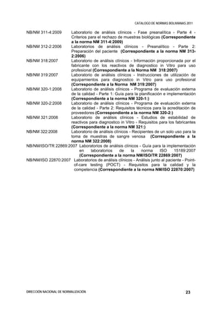 CATALOGO DE NORMAS BOLIVIANAS 2011

NB/NM 311-4:2009    Laboratorio de análisis clínicos - Fase preanalítica - Parte 4 -
                    Criterios para el rechazo de muestras biológicas (Correspondiente
                    a la norma NM 311-4:2009)
NB/NM 312-2:2006    Laboratorios de análisis clínicos - Preanalítico - Parte 2:
                    Preparación del paciente (Correspondiente a la norma NM 313-
                    2:2006)
NB/NM 318:2007      Laboratorio de análisis clínicos - Información proporcionada por el
                    fabricante con los reactivos de diagnostico in Vitro para uso
                    profesional (Correspondiente a la Norma NM 318:2007)
NB/NM 319:2007      Laboratorio de análisis clínicos - Instrucciones de utilización de
                    equipamientos para diagnostico in Vitro para uso profesional
                    (Correspondiente a la Norma NM 319:2007)
NB/NM 320-1:2008    Laboratorio de análisis clínicos - Programa de evaluación externa
                    de la calidad - Parte 1: Guía para la planificación e implementación
                    (Correspondiente a la norma NM 320-1:)
NB/NM 320-2:2008    Laboratorio de análisis clínicos - Programa de evaluación externa
                    de la calidad - Parte 2: Requisitos técnicos para la acreditación de
                    proveedores (Correspondiente a la norma NM 320-2:)
NB/NM 321:2008      Laboratorio de análisis clínicos - Estudios de estabilidad de
                    reactivos para diagnostico in Vitro - Requisitos para los fabricantes
                    (Correspondiente a la norma NM 321:)
NB/NM 322:2008      Laboratorio de análisis clínicos - Recipientes de un solo uso para la
                    toma de muestras de sangre venosa (Correspondiente a la
                    norma NM 322:2008)
NB/NM/ISO/TR 22869:2007 Laboratorios de análisis clínicos - Guía para la implementación
                         en    laboratorios    de     la   norma       ISO     15189:2007
                         (Correspondiente a la norma NM/ISO/TR 22869:2007)
NB/NM/ISO 22870:2007 Laboratorios de análisis clínicos - Análisis junto al paciente - Point-
                      of-care testing (POCT) - Requisitos para la calidad y la
                      competencia (Correspondiente a la norma NM/ISO 22870:2007)




DIRECCIÓN NACIONAL DE NORMALIZACIÓN                                                    23
 