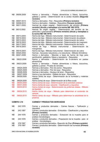 CATALOGO DE NORMAS BOLIVIANAS 2011

NB 39006:2009             Harina y derivados - Pastas alimenticias o fideos, bizcochos,
                          galletas y panes - Determinación de la acidez titulable (Segunda
                          revisión)
NB 39007:2010             Harina y derivados - Pan - Requisitos (Primera revisión)
NB 39008:2010             Harina y derivados - Galletas - Requisitos (Tercera revisión)
NB 39011:2002             Harinas de origen vegetal - Determinación del almidón (Primera
                          revisión) (Anula y reemplaza a la norma NB 108:1975)
NB 39012:2002             Harinas de origen vegetal - Determinación del tamaño de las
                          partículas o granulometría (Primera revisión) (Anula y reemplaza a
                          la norma NB 109:1975)
NB   39013:2003           Harina de trigo - Método instrumental - Determinación de sodio
NB   39014:2003           Harina de trigo - Método instrumental - Determinación de potasio
NB   39015:2003           Harina de trigo - Método instrumental - Determinación de calcio
NB   39016:2003           Harina de trigo - Método instrumental - Determinación de magnesio
NB   39017:2003           Harina de trigo - Método instrumental - Determinación de hierro
NB   39018:2003           Harina de trigo - Método instrumental - Determinación de
                          manganeso
NB 39019:2003             Harina de trigo - Método instrumental - Determinación de cobre
NB 39020:2004             Harinas - Azucares reductores y no reductores - Método titrimétrico
NB 39021:2006             Harina y derivados - Mezclas a base de harina de trigo para
                          panificación, galletería, fideos y repostería - Requisitos
NB    39022:2006          Harina y derivados - Determinación de ß-caroteno en pastas
                          alimenticias
NB    39023:2009          Harina y derivados - Pastas alimenticias o fideos, bizcochos,
                          galletas y panes - Prueba de rancidez
NB    39024:2009          Harinas y derivados - Pan de avena - Requisitos
NB    39025:2009          Harinas y derivados - Pan de soya - Requisitos
NB    39026:2009          Harinas y derivados - Queque de tarwi - Requisitos
NB    39027:2009          Harina y sus derivados - Galleta de tarwi - Requisitos
NB    39028:2009          Harina (torta) de soya - Determinación de la humedad y materias
                          volátiles
NB    39029:2009          Harina (torta) de soya - Determinación de la fibra cruda
NB    39030:2009          Harina (torta) de soya - Determinación de la actividad ureácica
NB    39031:2009          Harina (torta) de soya solvente - Clasificación y requisitos
NB    39033:2010          Harina (torta) de soya - Determinación de proteínas totales - Método
                          de Kjeldahl
NB    39034:2010          Harina (torta) de soya - Método para determinar el contenido de
                          cenizas
NB    39035:2010          Harina (torta) de soya - Método para determinar la solubilidad de la
                          proteína

COMITE 3.10               CARNES Y PRODUCTOS DERIVADOS

NB     242:1978           Carnes y productos derivados - Carnes frescas - Tipificación y
                          requisitos
NB     243:1997           Carnes y productos derivados - Embutidos - Clasificación y requisitos
                          (Primera revisión)
NB     244:1978           Carnes y productos derivados - Extracción de la muestra para el
                          análisis microbiológico
NB     245:1978           Carnes y productos derivados - Preparación de la muestra para el
                          análisis microbiológico
NB     378:1997           Carnes y productos derivados - Reacción de Eber (Primera revisión)
NB     379:1997           Carnes y productos derivados - Determinación de humedad (Primera
                          revisión)

DIRECCIÓN NACIONAL DE NORMALIZACIÓN                                                       43
 