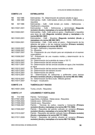 CATALOGO DE NORMAS BOLIVIANAS 2011

COMITE 3.15               ESTIMULANTES

NB     542:1986           Estimulantes - Té - Determinación de extracto soluble en agua
NB     556:1988           Estimulantes - Café - Café tostado, entero y/o molido - Definiciones y
                          requisitos
NB     557:1988           Estimulantes - Café - Café torrado y/o molido - Definiciones -
                          Clasificación y requisitos
NB 315001:2001            Estimulantes - Café - Definiciones y terminología (Segunda
                          revisión) (Anula y reemplaza a la norma NB 559:1991)
NB 315002:2001            Estimulantes - Café - Café verde en grano - Clasificación y requisitos
                          para tipos de café (Segunda revisión) (Anula y reemplaza a la
                          norma NB 555:1991)
NB 315003:2001            Estimulantes - Café - Muestreo (Segunda revisión) (Anula y
                          reemplaza a la norma NB 560:1991)
NB 315004:2001            Estimulantes - Café - Café verde en grano - Determinación de los
                          defectos del grano y de las materias extrañas (Primera revisión)
                          (Anula y reemplaza a la norma NB 585:1991)
NB 315005:2007            Té negro - Definición y requisitos básicos
NB 315006:2007            Té - Muestreo
NB 315007:2007            Té - Preparación de una infusión para ser empleada en el examen
                          organoléptico
NB 315008:2007            Té - Preparación de una muestra molida y determinación de la
                          materia seca
NB 315009:2007            Té - Determinación de la pérdida de masa a 103 °C
NB 315010:2007            Té - Determinación del las cenizas totales
NB 315011:2007            Té - Determinación del las cenizas solubles en agua y las insolubles
                          en agua
NB 315012:2007            Té - Determinación del las cenizas insolubles en ácido
NB 315013:2007            Té - Determinación del extracto acuoso
NB 315014:2007            Té - Determinación de cafeína
NB 315015:2007            Té - Determinación de catequinas y polifenoles como taninos
                          (Primera revisión) (Anula y reemplaza a la norma NB 543:1986)
NB 315016:2007            Té - Determinación de fibra cruda - Método general
NB 315017:2007            Té negro - Vocabulario

COMITÉ 3.16               TUBÉRCULOS Y RAICES

NB 316001:2005            Tunta y chuño - Requisitos

COMITE 3.17               LEGUMBRES Y HORTALIZAS

NB    714:1999            Palmito - Terminología
NB 317001:2002            Legumbres y hortalizas - Habas secas - Requisitos
NB 317005:2004            Cebolla seca - Definiciones
NB 317006:2004            Cebolla seca - Requisitos
NB 317008:2007            Palmito - Técnicas de cultivo, cosecha y transporte          (Primera
                          revisión) (Anula y reemplaza a la norma NB 715:1999)
NB 317009:2007            Palmito - Requisitos del palmito cultivado en conserva       (Primera
                          revisión) (Anula y reemplaza a la norma NB 716:1999)
NB 317010:2007            Palmito - Requisitos del palmito cultivado fresco (Primera   revisión)
                          (Anula y reemplaza a la norma NB 717:1999)
NB 317011:2009            Palmito - Requisitos del palmito silvestre en conserva       (Primera
                          revisión) (Anula y reemplaza a la norma NB 718:1999)


DIRECCIÓN NACIONAL DE NORMALIZACIÓN                                                       50
 
