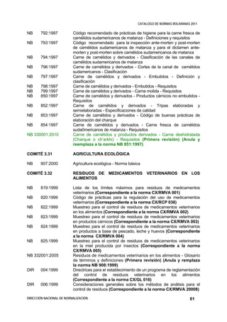 CATALOGO DE NORMAS BOLIVIANAS 2011

NB     792:1997           Código recomendado de prácticas de higiene para la carne fresca de
                          camélidos sudamericanos de matanza - Definiciones y requisitos
NB     793:1997           Código recomendado para la inspección ante-morten y post-morten
                          de camélidos sudamericanos de matanza y para el dictamen ante-
                          morten y post-morten sobre camélidos sudamericanos de matanza
NB     794:1997           Carne de camélidos y derivados - Clasificación de las canales de
                          camélidos sudamericanos de matanza
NB     796:1997           Carne de camélidos y derivados - Cortes de la canal de camélidos
                          sudamericanos - Clasificación
NB     797:1997           Carne de camélidos y derivados - Embutidos - Definición y
                          clasificación
NB     798:1997           Carne de camélidos y derivados - Embutidos - Requisitos
NB     799:1997           Carne de camélidos y derivados - Carne molida - Requisitos
NB     850:1997           Carne de camélidos y derivados - Productos cárnicos no embutidos -
                          Requisitos
NB     852:1997           Carne de camélidos y derivados - Tripas elaboradas y
                          semielaboradas - Especificaciones de calidad
NB     853:1997           Carne de camélidos y derivados - Código de buenas prácticas de
                          elaboración del charque
NB     854:1997           Carne de camélidos y derivados - Carne fresca de camélidos
                          suda0mericanos de matanza - Requisitos
NB 330001:2010            Carne de camélidos y productos derivados - Carne deshidratada
                          (Charque o ch’arkhi) - Requisitos (Primera revisión) (Anula y
                          reemplaza a la norma NB 851:1997)

COMITÉ 3.31               AGRICULTURA ECOLÓGICA

NB     907:2000           Agricultura ecológica - Norma básica

COMITÉ 3.32               RESIDUOS DE MEDICAMENTOS VETERINARIOS EN LOS
                          ALIMENTOS

NB     819:1999           Lista de los límites máximos para residuos de medicamentos
                          veterinarios (Correspondiente a la norma CX/RMVA 001)
NB     820:1999           Código de prácticas para la regulación del uso de medicamentos
                          veterinarios (Correspondiente a la norma CX/RCP 038)
NB     822:1999           Muestreo para el control de residuos de medicamentos veterinarios
                          en los alimentos (Correspondiente a la norma CX/RMVA 002)
NB     823:1999           Muestreo para el control de residuos de medicamentos veterinarios
                          en productos cárnicos (Correspondiente a la norma CX/RMVA 003)
NB     824:1999           Muestreo para el control de residuos de medicamentos veterinarios
                          en productos a base de pescado, leche y huevos (Correspondiente
                          a la norma CX/RMVA 004)
NB     825:1999           Muestreo para el control de residuos de medicamentos veterinarios
                          en la miel producida por insectos (Correspondiente a la norma
                          CX/RMVA 005)
NB 332001:2005            Residuos de medicamentos veterinarios en los alimentos - Glosario
                          de términos y definiciones (Primera revisión) (Anula y remplaza
                          la norma NB 908:1999)
DIR    004:1999           Directrices para el establecimiento de un programa de reglamentación
                          del control de residuos veterinarios en los alimentos
                          (Correspondiente a la norma CX/GL 016)
DIR    006:1999           Consideraciones generales sobre los métodos de análisis para el
                          control de residuos (Correspondiente a la norma CX/RMVA 20008)

DIRECCIÓN NACIONAL DE NORMALIZACIÓN                                                      61
 