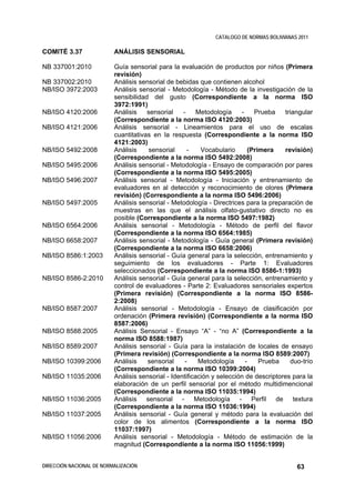 CATALOGO DE NORMAS BOLIVIANAS 2011

COMITÉ 3.37               ANÁLISIS SENSORIAL

NB 337001:2010            Guía sensorial para la evaluación de productos por niños (Primera
                          revisión)
NB 337002:2010            Análisis sensorial de bebidas que contienen alcohol
NB/ISO 3972:2003          Análisis sensorial - Metodología - Método de la investigación de la
                          sensibilidad del gusto (Correspondiente a la norma ISO
                          3972:1991)
NB/ISO 4120:2006          Análisis    sensorial    -     Metodología    -    Prueba    triangular
                          (Correspondiente a la norma ISO 4120:2003)
NB/ISO 4121:2006          Análisis sensorial - Lineamientos para el uso de escalas
                          cuantitativas en la respuesta (Correspondiente a la norma ISO
                          4121:2003)
NB/ISO 5492:2008          Análisis    sensorial      -    Vocabulario      (Primera    revisión)
                          (Correspondiente a la norma ISO 5492:2008)
NB/ISO 5495:2006          Análisis sensorial - Metodología - Ensayo de comparación por pares
                          (Correspondiente a la norma ISO 5495:2005)
NB/ISO 5496:2007          Análisis sensorial - Metodología - Iniciación y entrenamiento de
                          evaluadores en al detección y reconocimiento de olores (Primera
                          revisión) (Correspondiente a la norma ISO 5496:2006)
NB/ISO 5497:2005          Análisis sensorial - Metodología - Directrices para la preparación de
                          muestras en las que el análisis olfato-gustativo directo no es
                          posible (Correspondiente a la norma ISO 5497:1982)
NB/ISO 6564:2006          Análisis sensorial - Metodología - Método de perfil del flavor
                          (Correspondiente a la norma ISO 6564:1985)
NB/ISO 6658:2007          Análisis sensorial - Metodología - Guía general (Primera revisión)
                          (Correspondiente a la norma ISO 6658:2006)
NB/ISO 8586:1:2003        Análisis sensorial - Guía general para la selección, entrenamiento y
                          seguimiento de los evaluadores - Parte 1: Evaluadores
                          seleccionados (Correspondiente a la norma ISO 8586-1:1993)
NB/ISO 8586-2:2010        Análisis sensorial - Guía general para la selección, entrenamiento y
                          control de evaluadores - Parte 2: Evaluadores sensoriales expertos
                          (Primera revisión) (Correspondiente a la norma ISO 8586-
                          2:2008)
NB/ISO 8587:2007          Análisis sensorial - Metodología - Ensayo de clasificación por
                          ordenación (Primera revisión) (Correspondiente a la norma ISO
                          8587:2006)
NB/ISO 8588:2005          Análisis Sensorial - Ensayo “A” - “no A” (Correspondiente a la
                          norma ISO 8588:1987)
NB/ISO 8589:2007          Análisis sensorial - Guía para la instalación de locales de ensayo
                          (Primera revisión) (Correspondiente a la norma ISO 8589:2007)
NB/ISO 10399:2006         Análisis    sensorial     -    Metodología      -    Prueba    duo-trío
                          (Correspondiente a la norma ISO 10399:2004)
NB/ISO 11035:2006         Análisis sensorial - Identificación y selección de descriptores para la
                          elaboración de un perfil sensorial por el método multidimencional
                          (Correspondiente a la norma ISO 11035:1994)
NB/ISO 11036:2005         Análisis sensorial - Metodología - Perfil de textura
                          (Correspondiente a la norma ISO 11036:1994)
NB/ISO 11037:2005         Análisis sensorial - Guía general y método para la evaluación del
                          color de los alimentos (Correspondiente a la norma ISO
                          11037:1997)
NB/ISO 11056:2006         Análisis sensorial - Metodología - Método de estimación de la
                          magnitud (Correspondiente a la norma ISO 11056:1999)


DIRECCIÓN NACIONAL DE NORMALIZACIÓN                                                        63
 