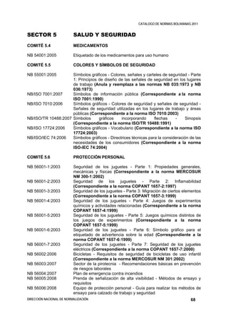 CATALOGO DE NORMAS BOLIVIANAS 2011


SECTOR 5                  SALUD Y SEGURIDAD
COMITÉ 5.4                MEDICAMENTOS

NB 54001:2005             Etiquetado de los medicamentos para uso humano

COMITÉ 5.5                COLORES Y SÍMBOLOS DE SEGURIDAD

NB 55001:2005        Símbolos gráficos - Colores, señales y carteles de seguridad - Parte
                     1: Principios de diseño de las señales de seguridad en los lugares
                     de trabajo (Anula y reemplaza a las normas NB 035:1973 y NB
                     036:1973)
NB/ISO 7001:2007     Símbolos de información pública (Correspondiente a la norma
                     ISO 7001:1990)
NB/ISO 7010:2006     Símbolos gráficos - Colores de seguridad y señales de seguridad -
                     Señales de seguridad utilizadas en los lugares de trabajo y áreas
                     públicas (Correspondiente a la norma ISO 7010:2003)
NB/ISO/TR 10488:2007 Símbolos      gráficos    incorporando      flechas    -     Sinopsis
                     (Correspondiente a la norma ISO/TR 10488:1991)
NB/ISO 17724:2006    Símbolos gráficos - Vocabulario (Correspondiente a la norma ISO
                     17724:2003)
NB/ISO/IEC 74:2006   Símbolos gráficos - Directrices técnicas para la consideración de las
                     necesidades de los consumidores (Correspondiente a la norma
                     ISO-IEC 74:2004)

COMITÉ 5.6                PROTECCIÓN PERSONAL

NB 56001-1:2003           Seguridad de los juguetes - Parte 1: Propiedades generales,
                          mecánicas y físicas (Correspondiente a la norma MERCOSUR
                          NM 300-1:2002)
NB 56001-2:2003           Seguridad de los juguetes - Parte 2: Inflamabilidad
                          (Correspondiente a la norma COPANT 1657-2:1997)
NB 56001-3:2003           Seguridad de los juguetes - Parte 3: Migración de ciertos elementos
                          (Correspondiente a la norma COPANT 1657-3:1999)
NB 56001-4:2003           Seguridad de los juguetes - Parte 4: Juegos de experimentos
                          químicos y actividades relacionadas (Correspondiente a la norma
                          COPANT 1657-4:1999)
NB 56001-5:2003           Seguridad de los juguetes - Parte 5: Juegos químicos distintos de
                          los juegos de experimentos (Correspondiente a la norma
                          COPANT 1657-5:1999)
NB 56001-6:2003           Seguridad de los juguetes - Parte 6: Símbolo gráfico para el
                          etiquetado de advertencia sobre la edad (Correspondiente a la
                          norma COPANT 1657-6:1999)
NB 56001-7:2003           Seguridad de los juguetes - Parte 7: Seguridad de los juguetes
                          eléctricos (Correspondiente a la norma COPANT 1657-7:2000)
NB 56002:2006             Bicicletas - Requisitos de seguridad de bicicletas de uso infantil
                          (Correspondiente a la norma MERCOSUR NM 301:2002)
NB 56003:2007             Sector de la pirotecnia - Recomendaciones básicas en prevención
                          de riesgos laborales
NB 56004:2007             Plan de emergencia contra incendios
NB 56005:2008             Prenda de señalización de alta visibilidad - Métodos de ensayo y
                          requisitos
NB 56006:2008             Equipo de protección personal - Guía para realizar los métodos de
                          ensayo para calzado de trabajo y seguridad
DIRECCIÓN NACIONAL DE NORMALIZACIÓN                                                      68
 