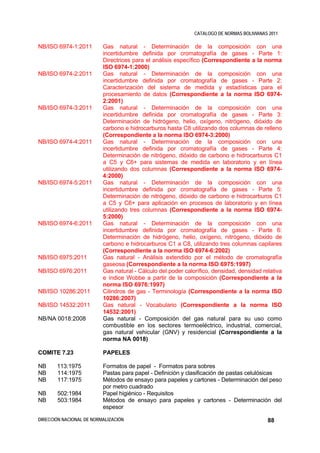 CATALOGO DE NORMAS BOLIVIANAS 2011

NB/ISO 6974-1:2011        Gas natural - Determinación de la composición con una
                          incertidumbre definida por cromatografía de gases - Parte 1:
                          Directrices para el análisis específico (Correspondiente a la norma
                          ISO 6974-1:2000)
NB/ISO 6974-2:2011        Gas natural - Determinación de la composición con una
                          incertidumbre definida por cromatografía de gases - Parte 2:
                          Caracterización del sistema de medida y estadísticas para el
                          procesamiento de datos (Correspondiente a la norma ISO 6974-
                          2:2001)
NB/ISO 6974-3:2011        Gas natural - Determinación de la composición con una
                          incertidumbre definida por cromatografía de gases - Parte 3:
                          Determinación de hidrógeno, helio, oxígeno, nitrógeno, dióxido de
                          carbono e hidrocarburos hasta C8 utilizando dos columnas de relleno
                          (Correspondiente a la norma ISO 6974-3:2000)
NB/ISO 6974-4:2011        Gas natural - Determinación de la composición con una
                          incertidumbre definida por cromatografía de gases - Parte 4:
                          Determinación de nitrógeno, dióxido de carbono e hidrocarburos C1
                          a C5 y C6+ para sistemas de medida en laboratorio y en línea
                          utilizando dos columnas (Correspondiente a la norma ISO 6974-
                          4:2000)
NB/ISO 6974-5:2011        Gas natural - Determinación de la composición con una
                          incertidumbre definida por cromatografía de gases - Parte 5:
                          Determinación de nitrógeno, dióxido de carbono e hidrocarburos C1
                          a C5 y C6+ para aplicación en procesos de laboratorio y en línea
                          utilizando tres columnas (Correspondiente a la norma ISO 6974-
                          5:2000)
NB/ISO 6974-6:2011        Gas natural - Determinación de la composición con una
                          incertidumbre definida por cromatografía de gases - Parte 6:
                          Determinación de hidrógeno, helio, oxígeno, nitrógeno, dióxido de
                          carbono e hidrocarburos C1 a C8, utilizando tres columnas capilares
                          (Correspondiente a la norma ISO 6974-6:2002)
NB/ISO 6975:2011          Gas natural - Análisis extendido por el método de cromatografía
                          gaseosa (Correspondiente a la norma ISO 6975:1997)
NB/ISO 6976:2011          Gas natural - Cálculo del poder calorífico, densidad, densidad relativa
                          e índice Wobbe a partir de la composición (Correspondiente a la
                          norma ISO 6976:1997)
NB/ISO 10286:2011         Cilindros de gas - Terminología (Correspondiente a la norma ISO
                          10286:2007)
NB/ISO 14532:2011         Gas natural - Vocabulario (Correspondiente a la norma ISO
                          14532:2001)
NB/NA 0018:2008           Gas natural - Composición del gas natural para su uso como
                          combustible en los sectores termoeléctrico, industrial, comercial,
                          gas natural vehicular (GNV) y residencial (Correspondiente a la
                          norma NA 0018)

COMITE 7.23               PAPELES

NB     113:1975           Formatos de papel - Formatos para sobres
NB     114:1975           Pastas para papel - Definición y clasificación de pastas celulósicas
NB     117:1975           Métodos de ensayo para papeles y cartones - Determinación del peso
                          por metro cuadrado
NB     502:1984           Papel higiénico - Requisitos
NB     503:1984           Métodos de ensayo para papeles y cartones - Determinación del
                          espesor

DIRECCIÓN NACIONAL DE NORMALIZACIÓN                                                        88
 