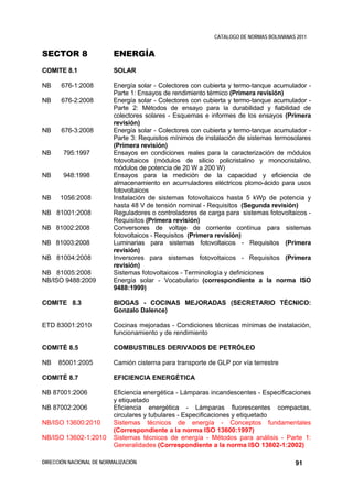 CATALOGO DE NORMAS BOLIVIANAS 2011


SECTOR 8                  ENERGÍA
COMITE 8.1                SOLAR

NB     676-1:2008         Energía solar - Colectores con cubierta y termo-tanque acumulador -
                          Parte 1: Ensayos de rendimiento térmico (Primera revisión)
NB     676-2:2008         Energía solar - Colectores con cubierta y termo-tanque acumulador -
                          Parte 2: Métodos de ensayo para la durabilidad y fiabilidad de
                          colectores solares - Esquemas e informes de los ensayos (Primera
                          revisión)
NB     676-3:2008         Energía solar - Colectores con cubierta y termo-tanque acumulador -
                          Parte 3: Requisitos mínimos de instalación de sistemas termosolares
                          (Primera revisión)
NB     795:1997           Ensayos en condiciones reales para la caracterización de módulos
                          fotovoltaicos (módulos de silicio policristalino y monocristalino,
                          módulos de potencia de 20 W a 200 W)
NB     948:1998           Ensayos para la medición de la capacidad y eficiencia de
                          almacenamiento en acumuladores eléctricos plomo-ácido para usos
                          fotovoltaicos
NB    1056:2008           Instalación de sistemas fotovoltaicos hasta 5 kWp de potencia y
                          hasta 48 V de tensión nominal - Requisitos (Segunda revisión)
NB 81001:2008             Reguladores o controladores de carga para sistemas fotovoltaicos -
                          Requisitos (Primera revisión)
NB 81002:2008             Conversores de voltaje de corriente contínua para sistemas
                          fotovoltaicos - Requisitos (Primera revisión)
NB 81003:2008             Luminarias para sistemas fotovoltaicos - Requisitos (Primera
                          revisión)
NB 81004:2008             Inversores para sistemas fotovoltaicos - Requisitos (Primera
                          revisión)
NB 81005:2008             Sistemas fotovoltaicos - Terminología y definiciones
NB/ISO 9488:2009          Energía solar - Vocabulario (correspondiente a la norma ISO
                          9488:1999)

COMITE 8.3                BIOGAS - COCINAS MEJORADAS (SECRETARIO TÉCNICO:
                          Gonzalo Dalence)

ETD 83001:2010            Cocinas mejoradas - Condiciones técnicas mínimas de instalación,
                          funcionamiento y de rendimiento

COMITÉ 8.5                COMBUSTIBLES DERIVADOS DE PETRÓLEO

NB    85001:2005          Camión cisterna para transporte de GLP por vía terrestre

COMITÉ 8.7                EFICIENCIA ENERGÉTICA

NB 87001:2006             Eficiencia energética - Lámparas incandescentes - Especificaciones
                          y etiquetado
NB 87002:2006             Eficiencia energética - Lámparas fluorescentes compactas,
                          circulares y tubulares - Especificaciones y etiquetado
NB/ISO 13600:2010         Sistemas técnicos de energía - Conceptos fundamentales
                          (Correspondiente a la norma ISO 13600:1997)
NB/ISO 13602-1:2010       Sistemas técnicos de energía - Métodos para análisis - Parte 1:
                          Generalidades (Correspondiente a la norma ISO 13602-1:2002)

DIRECCIÓN NACIONAL DE NORMALIZACIÓN                                                      91
 