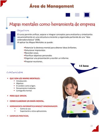 Mapas mentales como herramienta de empresa

           El curso permite unificar, separar e integrar conceptos para analizarlos y sintetizarlos
           secuencialmente en una estructura creciente y organizada partiendo de una “idea
           ordenadora básica” (IOB).
           Al aplicar los Mapas Mentales se puede:

                  Potenciar la destreza mental para obtener ideas brillantes.
                  Solucionar imprevistos.
                  Recordar cosas.
                  Planificar objetivos personales
                  Organizar una presentación y escribir un informe.
                  Preparar reuniones.

                                                                                   4-6 horas



 QUE SON LOS MAPAS MENTALES:
         Introducción.
         Objetivo.
         El cerebro como origen.
         Pensamiento irradiante.
         Cartografía mental.

 PARA QUE SIRVEN.

 COMO ELABORAR UN MAPA MENTAL.

 HERRAMIENTA INFORMÁTICA MINDJET MINDMANAGER:
          Como se usa.
          Exportación a otras aplicaciones.

 EJEMPLOS PRÁCTICOS.



                                                                                                22
 