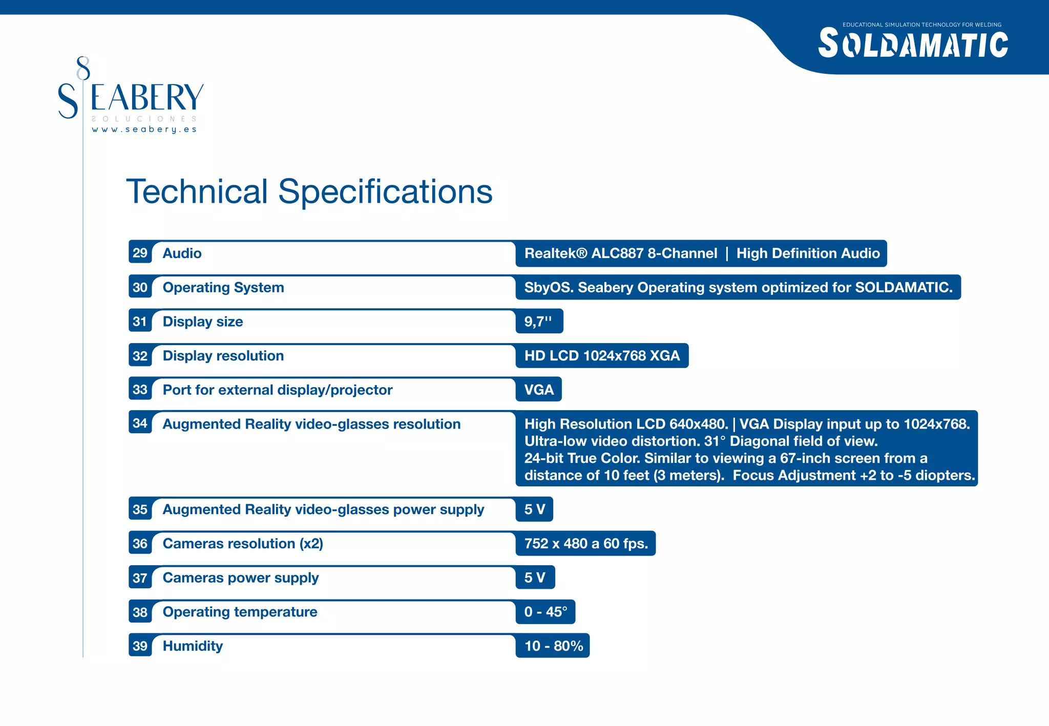 EDUCATIONAL SIMULATION TECHNOLOGY FOR WELDING




Technical Speciﬁcations
29   Audio                                          Realtek® ALC887 8-Channel | High Deﬁnition Audio

30   Operating System                               SbyOS. Seabery Operating system optimized for SOLDAMATIC.

31   Display size                                   9,7''

32   Display resolution                             HD LCD 1024x768 XGA

33   Port for external display/projector            VGA

34   Augmented Reality video-glasses resolution     High Resolution LCD 640x480. | VGA Display input up to 1024x768.
                                                    Ultra-low video distortion. 31° Diagonal ﬁeld of view.
                                                    24-bit True Color. Similar to viewing a 67-inch screen from a
                                                    distance of 10 feet (3 meters). Focus Adjustment +2 to -5 diopters.

35   Augmented Reality video-glasses power supply   5V

36   Cameras resolution (x2)                        752 x 480 a 60 fps.

37   Cameras power supply                           5V

38   Operating temperature                          0 - 45°

39   Humidity                                       10 - 80%
 