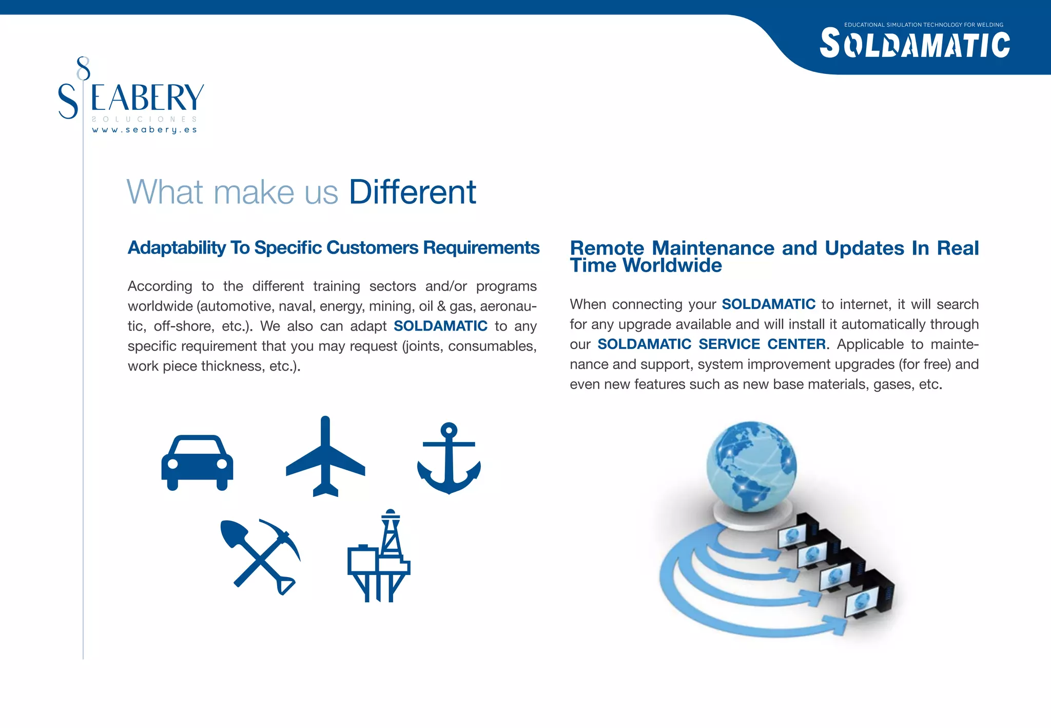 EDUCATIONAL SIMULATION TECHNOLOGY FOR WELDING




What make us Different
Adaptability To Speciﬁc Customers Requirements                      Remote Maintenance and Updates In Real
                                                                    Time Worldwide
According to the different training sectors and/or programs
worldwide (automotive, naval, energy, mining, oil & gas, aeronau-   When connecting your SOLDAMATIC to internet, it will search
tic, off-shore, etc.). We also can adapt SOLDAMATIC to any          for any upgrade available and will install it automatically through
speciﬁc requirement that you may request (joints, consumables,      our SOLDAMATIC SERVICE CENTER. Applicable to mainte-
work piece thickness, etc.).                                        nance and support, system improvement upgrades (for free) and
                                                                    even new features such as new base materials, gases, etc.
 