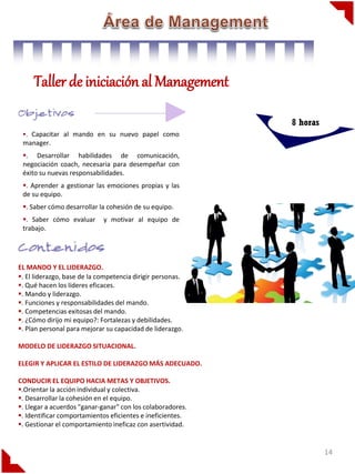 Taller de iniciación al Management

                                                            8 horas
 . Capacitar al mando en su nuevo papel como
 manager.
 . Desarrollar habilidades de comunicación,
 negociación coach, necesaria para desempeñar con
 éxito su nuevas responsabilidades.
 . Aprender a gestionar las emociones propias y las
 de su equipo.
 . Saber cómo desarrollar la cohesión de su equipo.
 . Saber cómo evaluar       y motivar al equipo de
 trabajo.




EL MANDO Y EL LIDERAZGO.
. El liderazgo, base de la competencia dirigir personas.
. Qué hacen los líderes eficaces.
. Mando y liderazgo.
. Funciones y responsabilidades del mando.
. Competencias exitosas del mando.
. ¿Cómo dirijo mi equipo?: Fortalezas y debilidades.
. Plan personal para mejorar su capacidad de liderazgo.

MODELO DE LIDERAZGO SITUACIONAL.

ELEGIR Y APLICAR EL ESTILO DE LIDERAZGO MÁS ADECUADO.

CONDUCIR EL EQUIPO HACIA METAS Y OBJETIVOS.
.Orientar la acción individual y colectiva.
. Desarrollar la cohesión en el equipo.
. Llegar a acuerdos "ganar-ganar" con los colaboradores.
. Identificar comportamientos eficientes e ineficientes.
. Gestionar el comportamiento ineficaz con asertividad.


                                                                      14
 