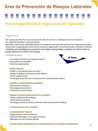 Nuevos riesgos laborales de origen psicosocial y organizativo


Ser capaces de identificar los casos de estrés laboral, burnout y mobbing en el entorno laboral.
Ser capaz de identificar conductas tóxicas.
Aprender y desarrollar habilidades desde el management que permitan prevenir los riesgos psicosociales.
Desarrollar la capacidad de comunicación asertiva y negociación a la hora de afrontar y prevenir conflictos.
 Analizar qué estrategias de prevención de riesgos psicosociales y medidas de intervención se
pueden aplicar en el entorno de trabajo.

                                                                              10 horas
     Los riesgos y factores de riesgo psicosocial
     Síntomas en el trabajador
     Síntomas organizativos

     ESTRÉS LABORAL
     Origen y conceptualización del estrés
     Riesgos o peligros asociados al estrés laboral
     Estrés y apoyo social
     Estrategias de prevención e intervención en casos de estrés laboral

     BURNOUT O SÍNDROME DEL QUEMADO
     Delimitación conceptual
     Estrategias de prevención
     Técnicas de afrontamiento

     MOBING O ACOSO PSICOLÓGICO EN EL TRABAJO
     Origen y definición de mobbing
     Desarrollo del problema.
     Estrategias y técnicas de afrontamiento ante situaciones de mobbing

     EL ACOSO SEXUAL EN EL TRABAJO

     EL MANAGEMENT TÓXICO.
     Organizaciones sanas y enfermas
     Estilos de liderazgos: el management tóxico
     Management para tiempos difíciles

     LA INTELIGENCIA EMOCIONAL EN LA PREVENCIÓN DE LOS RIESGOS PSICOSOCIALES.
                                                                                                         59
 