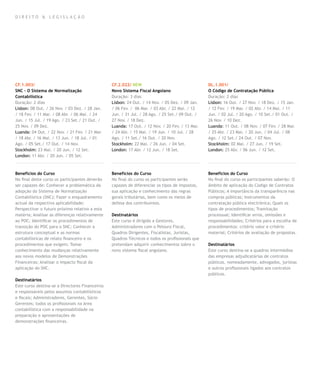 DIREITO & LEGISLAÇÃO




CF.1.003/                                        CF.2.022/ NEW                                   DL.1.001/
SNC – O Sistema de Normalização                  Novo Sistema Fiscal Angolano                    O Código de Contratação Pública
Contabilística                                   Duração: 3 dias                                 Duração: 2 dias
Duração: 2 dias                                  Lisbon: 24 Out. / 14 Nov. / 05 Dez. / 09 Jan.   Lisbon: 16 Out. / 27 Nov. / 18 Dez. / 15 Jan.
Lisbon: 08 Out. / 26 Nov. / 03 Dez. / 28 Jan.    / 06 Fev. / 06 Mar. / 03 Abr. / 22 Mai. / 12    / 12 Fev. / 19 Mar. / 02 Abr. / 14 Mai. / 11
/ 18 Fev. / 11 Mar. / 08 Abr. / 06 Mai. / 24     Jun. / 31 Jul. / 28 Ago. / 25 Set./ 09 Out. /   Jun. / 02 Jul. / 20 Ago. / 10 Set./ 01 Out. /
Jun. / 15 Jul. / 19 Ago. / 23 Set./ 21 Out. /    27 Nov. / 18 Dez.                               26 Nov. / 10 Dez.
25 Nov. / 09 Dez.                                Luanda: 17 Out. / 12 Nov. / 20 Fev. / 13 Mar.   Luanda: 11 Out. / 08 Nov. / 07 Fev. / 28 Mar.
Luanda: 04 Out. / 22 Nov. / 21 Fev. / 21 Mar.    / 24 Abr. / 15 Mai. / 19 Jun. / 10 Jul. / 28    / 25 Abr. / 23 Mai. / 20 Jun. / 04 Jul. / 08
/ 18 Abr. / 16 Mai. / 13 Jun. / 18 Jul. / 01     Ago. / 11 Set./ 16 Out. / 20 Nov.               Ago. / 12 Set./ 24 Out. / 07 Nov.
Ago. / 05 Set./ 17 Out. / 14 Nov.                Stockholm: 22 Mai. / 26 Jun. / 04 Set.          Stockholm: 02 Mai. / 27 Jun. / 19 Set.
Stockholm: 23 Mai. / 20 Jun. / 12 Set.           London: 17 Abr. / 12 Jun. / 18 Set.             London: 25 Abr. / 06 Jun. / 12 Set.
London: 11 Abr. / 20 Jun. / 05 Set.



Benefícios do Curso                              Benefícios do Curso                             Benefícios do Curso
No final deste curso os participantes deverão    No final do curso os participantes serão        No final do curso os participantes saberão: O
ser capazes de: Conhecer a problemática da       capazes de diferenciar os tipos de impostos,    âmbito de aplicação do Código de Contratos
adopção do Sistema de Normalização               sua aplicação e conhecimento das regras         Públicos; A importância da transparência nas
Contabilística (SNC); Fazer o enquadramento      gerais tributárias, bem como os meios de        compras públicas; Instrumentos da
actual da respectiva aplicabilidade;             defesa dos contribuintes.                       contratação pública electrónica; Quais os
Perspectivar o futuro próximo relativo a esta                                                    tipos de procedimentos; Tramitação
matéria; Analisar as diferenças relativamente    Destinatários                                   processual; Identificar erros, omissões e
ao POC; Identificar os procedimentos de          Este curso é dirigido a Gestores,               responsabilidades; Critérios para a escolha de
transição do POC para o SNC; Conhecer a          Administradores com o Pelouro Fiscal,           procedimentos: critério valor e critério
estrutura conceptual e as normas                 Quadros Dirigentes, Fiscalistas, Juristas,      material; Critérios de avaliação de propostas.
contabilísticas de relato financeiro e os        Quadros Técnicos e todos os profissionais que
procedimentos que exigem; Tomar                  pretendam adquirir conhecimentos sobre o        Destinatários
conhecimento das mudanças relativamente          novo sistema fiscal angolano.                   Este curso destina-se a quadros intermédios
aos novos modelos de Demonstrações                                                               das empresas adjudicatárias de contratos
Financeiras; Analisar o impacto fiscal da                                                        públicos, nomeadamente, advogados, juristas
aplicação do SNC.                                                                                e outros profissionais ligados aos contratos
                                                                                                 públicos.
Destinatários
Este curso destina-se a Directores Financeiros
e responsáveis pelos assuntos contabilísticos
e fiscais; Administradores, Gerentes, Sócio
Gerentes; todos os profissionais na área
contabilística com a responsabilidade na
preparação e apresentações de
demonstrações financeiras.
 