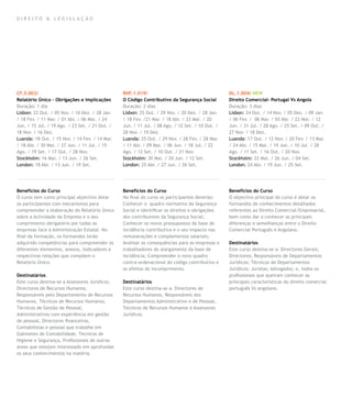 DIREITO & LEGISLAÇÃO




CF.3.003/                                        RHF.1.019/                                       DL.1.004/ NEW
Relatório Único – Obrigações e Implicações       O Código Contributivo da Segurança Social        Direito Comercial- Portugal Vs Angola
Duração: 1 dia                                   Duração: 2 dias                                  Duração: 3 dias
Lisbon: 22 Out. / 05 Nov. / 10 Dez. / 28 Jan.    Lisbon: 25 Out. / 29 Nov. / 20 Dez. / 28 Jan.    Lisbon: 24 Out. / 14 Nov. / 05 Dez. / 09 Jan.
/ 18 Fev. / 11 Mar. / 01 Abr. / 06 Mai. / 24     / 18 Fev. /21 Mar. / 18 Abr. / 23 Mai. / 20      / 06 Fev. / 06 Mar. / 03 Abr. / 22 Mai. / 12
Jun. / 15 Jul. / 19 Ago. / 23 Set. / 21 Out. /   Jun. / 11 Jul. / 08 Ago. / 12 Set. / 10 Out. /   Jun. / 31 Jul. / 28 Ago. / 25 Set. / 09 Out. /
18 Nov. / 16 Dez.                                28 Nov. / 19 Dez.                                27 Nov. / 18 Dez.
Luanda: 18 Out. / 15 Nov. / 14 Fev. / 14 Mar.    Luanda: 25 Out. / 29 Nov. / 28 Fev. / 28 Mar.    Luanda: 17 Out. / 12 Nov. / 20 Fev. / 13 Mar.
/ 18 Abr. / 30 Mai. / 27 Jun. / 11 Jul. / 15     / 11 Abr. / 09 Mai. / 06 Jun. / 18 Jul. / 22     / 24 Abr. / 15 Mai. / 19 Jun. / 10 Jul. / 28
Ago. / 19 Set. / 17 Out. / 28 Nov.               Ago. / 12 Set. / 10 Out. / 21 Nov.               Ago. / 11 Set. / 16 Out. / 20 Nov.
Stockholm: 16 Mai. / 13 Jun. / 26 Set.           Stockholm: 30 Mai. / 20 Jun. / 12 Set.           Stockholm: 22 Mai. / 26 Jun. / 04 Set.
London: 18 Abr. / 13 Jun. / 19 Set.              London: 25 Abr. / 27 Jun. / 26 Set.              London: 24 Abr. / 19 Jun. / 25 Set.




Benefícios do Curso                              Benefícios do Curso                              Benefícios do Curso
O curso tem como principal objectivo dotar       No final do curso os participantes deverão:      O objectivo principal do curso é dotar os
os participantes com mecanismos para             Conhecer o quadro normativo da Segurança         formandos de conhecimentos detalhados
compreender a elaboração do Relatório Único      Social e identificar os direitos e obrigações    referentes ao Direito Comercial/Empresarial,
sobre a Actividade da Empresa e o seu            dos contribuintes da Segurança Social;           bem como dar a conhecer as principais
cumprimento obrigatório por todas as             Conhecer os novos pressupostos da base de        diferenças e semelhanças entre o Direito
empresas face à Administração Estatal. No        incidência contributiva e o seu impacto nas      Comercial Português e Angolano.
final da formação, os formandos terão            remunerações e complementos salariais;
adquirido competências para compreender os       Analisar as consequências para as empresas e     Destinatários
diferentes elementos, anexos, indicadores e      trabalhadores do alargamento da base de          Este curso destina-se a: Directores Gerais;
respectivas relações que compõem o               incidência; Compreender o novo quadro            Directores; Responsáveis de Departamentos
Relatório Único.                                 contra-ordenacional do código contributivo e     Jurídicos; Técnicos de Departamentos
                                                 os efeitos do incumprimento.                     Jurídicos; Juristas; Advogados; e, todos os
Destinatários                                                                                     profissionais que queiram conhecer as
Este curso destina-se a Assessores Jurídicos,    Destinatários                                    principais características do direito comercial
Directores de Recursos Humanos,                  Este curso destina-se a: Directores de           português Vs angolano.
Responsáveis pelo Departamento de Recursos       Recursos Humanos, Responsáveis dos
Humanos, Técnicos de Recursos Humanos,           Departamentos Administrativo e de Pessoal,
Técnicos de Gestão de Pessoal,                   Técnicos de Recursos Humanos e Assessores
Administrativos com experiência em gestão        Jurídicos.
de pessoal, Directores financeiros,
Contabilistas e pessoal que trabalhe em
Gabinetes de Contabilidade, Técnicos de
Higiene e Segurança, Profissionais de outras
áreas que estejam interessado em aprofundar
os seus conhecimentos na matéria.
 