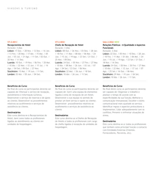 VIAGENS & TURISMO




VT.2.001/                                        VT.2.002/                                        SAA.2.004/ NEW
Recepcionista de Hotel                           Chefe de Recepção de Hotel                       Relações Públicas – A Qualidade e Aspectos
Duração: 3 dias                                  Duração: 3 dias                                  Funcionais
Lisbon: 17 Out. / 28 Nov. / 12 Dez. / 16 Jan.    Lisbon: 08 Out. / 26 Nov. / 03 Dez. / 28 Jan.    Duração: 3 dias
/ 13 Fev. / 20 Mar. / 17 Abr. / 15 Mai. / 05     / 18 Fev. / 11 Mar. / 08 Abr. / 06 Mai. / 24     Lisbon: 22 Out. / 05 Nov. / 10 Dez. / 28 Jan.
Jun. / 03 Jul. / 21 Ago. / 11 Set./ 02 Out. /    Jun. / 15 Jul. / 19 Ago. / 23 Set./ 21 Out. /    / 18 Fev. / 11 Mar. / 01 Abr. / 06 Mai. / 24
20 Nov. / 11 Dez.                                25 Nov. / 09 Dez.                                Jun. / 15 Jul. / 19 Ago. / 23 Set./ 21 Out. /
Luanda: 10 Out. / 19 Nov. / 06 Fev. / 20 Mar.    Luanda: 24 Out. / 05 Nov. / 27 Fev. / 27 Mar.    18 Nov. / 16 Dez.
/ 10 Abr. / 22 Mai. / 12 Jun. / 17 Jul. / 14     / 10 Abr. / 08 Mai. / 26 Jun. / 03 Jul. / 07     Luanda: 24 Out. / 28 Nov. / 20 Fev. / 27 Mar.
Ago. / 04 Set./ 09 Out. / 27 Nov.                Ago. / 04 Set./ 23 Out. / 06 Nov.                / 10 Abr. / 22 Mai. / 12 Jun. / 17 Jul. / 07
Stockholm: 15 Mai. / 19 Jun. / 11 Set.           Stockholm: 22 Mai. / 26 Jun. / 18 Set.           Ago. / 25 Set./ 16 Out. / 06 Nov.
London: 03 Abr. / 05 Jun. / 04 Set.              London: 10 Abr. / 26 Jun. / 11 Set.              Stockholm: 29 Mai. / 19 Jun. / 04 Set.
                                                                                                  London: 10 Abr. / 26 Jun. / 11 Set.



Benefícios do Curso                              Benefícios do Curso                              Benefícios do Curso
No final do curso os participantes deverão ser   No final do curso os participantes deverão ser   No final deste curso os participantes deverão
capazes de: Efectuar o serviço de recepção,      capazes de: Gerir uma equipa de elementos        ser capazes de: Organizar o trabalho e
atendimento e informação turística;              ligados à área de recepção de um Hotel;          planear o tempo de acordo com as
Desenvolver o serviço de reservas e de apoio     Desenvolver a sua equipa no sentido de           especificidades da sua função; Melhorar a
ao cliente; Desenvolver os procedimentos         prestar um bom serviço e apoio ao cliente;       comunicação interpessoal; Escolher o estilo
relativos ao acolhimento e serviços de           Desenvolver procedimentos relativos ao           comunicacional mais ajustado ao serviço;
assistência ao cliente.                          acolhimento e serviços de assistência ao         Identificar regras e aspectos protocolares a
                                                 cliente.                                         implementar; Lidar adequadamente com os
Destinatários                                                                                     conflitos; Prevenir e enfrentar situações de
Este curso destina-se a Recepcionistas de        Destinatários                                    stress.
Hotel, bem como todos os profissionais           Este curso destina-se a Chefes de Recepção
ligados ao atendimento ao cliente em             de Hotéis e todos os profissionais com cargo     Destinatários
unidades de hospedagem.                          de chefia ligados à recepção de unidades de      Este curso destina-se a: todos os profissionais
                                                 hospedagem.                                      que tenham como principal função o contacto
                                                                                                  com Entidades Externas (Clientes,
                                                                                                  Fornecedores, Parceiros, etc).
 