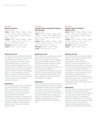 GE S TÃO D E PROJ EC TO S




GP.1.001/                                        GP.1.002/                                        GP.1.003/
Gestão de Projectos                              Formação Prática de Gestão de Projectos –        Gestão do Risco em Projectos
Duração: 3 dias                                  Nível Avançado                                   Duração: 2 dias
Lisbon: 16 Out. / 27 Nov. / 18 Dez. / 15 Jan.    Duração: 3 dias                                  Lisbon: 25 Out. / 29 Nov. / 20 Dez. / 31 Jan.
/ 12 Fev. / 19 Mar. / 02 Abr. / 14 Mai. / 11     Lisbon: 22 Out. / 05 Nov. / 10 Dez. / 28 Jan.    / 14 Fev. / 07 Mar. / 04 Abr. / 09 Mai. / 13
Jun. / 02 Jul. / 20 Ago. / 10 Set./ 01 Out. /    / 18 Fev. / 11 Mar. / 01 Abr. / 06 Mai. / 24     Jun. / 25 Jul. / 08 Ago. / 12 Set./ 10 Out. /
26 Nov. / 10 Dez.                                Jun. / 15 Jul. / 19 Ago. / 23 Set./ 21 Out. /    28 Nov. / 19 Dez.
Luanda: 03 Out. / 05 Nov. / 06 Fev. / 13 Mar.    18 Nov. / 16 Dez.                                Luanda: 04 Out. / 22 Nov. / 21 Fev. / 14 Mar.
/ 24 Abr. / 15 Mai. / 26 Jun. / 24 Jul. / 14     Luanda: 24 Out. / 28 Nov. / 20 Fev. / 27 Mar.    / 25 Abr. / 16 Mai. / 13 Jun. / 18 Jul. / 15
Ago. / 11 Set./ 23 Out. / 20 Nov.                / 10 Abr. / 22 Mai. / 12 Jun. / 17 Jul. / 07     Ago. / 05 Set./ 03 Out. / 14 Nov.
Stockholm: 15 Mai. / 12 Jun. / 11 Set.           Ago. / 25 Set./ 16 Out. / 06 Nov.                Stockholm: 30 Mai. / 20 Jun. / 05 Set.
London: 17 Abr. / 12 Jun. / 18 Set.              Stockholm: 29 Mai. / 19 Jun. / 04 Set.           London: 11 Abr. / 20 Jun. / 05 Set.
                                                 London: 10 Abr. / 26 Jun. / 11 Set.



Benefícios do Curso                              Benefícios do Curso                              Benefícios do Curso
No final deste curso os participantes deverão    No final deste curso os participantes saberão    No final deste curso os participantes saberão:
ser capazes de: Saber quais as competências      gerir projectos utilizando as melhores           Conhecer e interiorizar os conceitos base de
necessárias para gerir eficazmente um            técnicas, metodologias e práticas seguidas e     gestão do risco; Avaliar ameaças,
projecto; Adoptar uma forma de trabalho          apresentadas pelo PMI. No final do curso os      oportunidades e medir o seu valor no
“orientada para Projectos”; Definir um           participantes saberão: Identificar e definir     projecto; Controlar múltiplos riscos com
Projecto; Estabelecer objectivos realistas e     um Projecto; Estruturar e planear um             estratégias limitadas; Identificar, categorizar,
mensuráveis para os Projectos; Estimar custos    Projecto; Gerir um Projecto ao longo do seu      analisar e preparar respostas planeadas para
e timings através de técnicas comprovadas;       ciclo de vida; Saber explorar as                 os riscos de um projecto; Monitorizar e
Utilizar as melhores técnicas e metodologias;    potencialidades de ferramentas de software       acompanhar os riscos de uma forma efectiva;
Utilizar as “work breakdown structures”;         de apoio ao processo de Gestão de Projecto;      Compreender o impacto da gestão do risco
Estruturar e planear um Projecto; Gerir um       Aplicar as melhores práticas do PMI®, com        nos objectivos estratégicos de uma
Projecto ao longo do seu ciclo de vida; Criar    base no PMboK®, na Gestão de Projectos;          organização; Aplicar técnicas qualitativas e
e utilizar sistemas de monitorização e           Gerir Portfólio de Projectos.                    quantitativas para avaliar o impacto de risco;
controlo dos Projectos.                                                                           Adquirir experiência na aplicação de
                                                 Destinatários                                    estratégias na gestão de riscos dentro de um
Destinatários                                    Este curso destina-se aos profissionais que já   quadro estruturado.
Este curso destina-se a todos os profissionais   tenham conhecimentos básicos das técnicas e
que estejam envolvidos no planeamento,           metodologias utilizadas na gestão profissional   Destinatários
gestão e acompanhamento de projectos e           de projectos e queiram reforçar os seus          Este curso destina-se a todos os profissionais
queiram conhecer as melhores técnicas,           conhecimentos nesta área, nomeadamente:          envolvidos em Gestão de Projectos que
metodologias e práticas envolvidas numa          Directores e Gestores de TI’s e SI’s; Gestores   necessitem calcular e gerir de forma eficaz os
gestão profissional de projectos,                de Projecto; Responsáveis de Unidades de         riscos associados ao desenvolvimento dos
nomeadamente: Directores e Gestores de TI’s      Negócio e de Desenvolvimento de produtos;        projectos que dirigem, nomeadamente:
e SI’s; Gestores de Projecto; Responsáveis de    Analistas e Programadores; Analistas e           Directores e Gestores de TI’s e SI’s; Gestores
Unidades de Negócio e de Desenvolvimento         Administradores de Sistemas; Gestores de         de Projecto; Gestores de Desenvolvimento de
de produtos; Analistas e Programadores;          I&D.                                             produtos; Analistas e Programadores;
Analistas e Administradores de Sistemas;                                                          Analistas e Administradores de Sistemas;
Gestores de I&D.                                                                                  Gestores de Investigação e Desenvolvimento.
 
