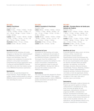 Para saber valores de participação solicite uma proposta! info@letstalkgroup.com ou telef. +351 21 795 74 68                                           167




GP.2.003/                                               GP.2.004/                                              GP.3.001/
PRINCE2 Practitioner                                    PRINCE2 Foundation & Practitioner                      MINI MBA – Princípios Básicos de Gestão para
Duração: 3 dias                                         Duração: 5 dias                                        Gestores de Projecto
Lisbon: 15 Out. / 19 Nov. / 10 Dez. / 14 Jan.           Lisbon: 08 Out. / 26 Nov. / 03 Dez. / 28 Jan.          Duração: 5 dias
/ 25 Fev. / 18 Mar. / 01 Abr. / 13 Mai. / 17            / 18 Fev. / 11 Mar. / 08 Abr. / 06 Mai. / 24           Lisbon: 22 Out. / 05 Nov. / 10 Dez. / 28 Jan.
Jun. / 08 Jul. / 05 Ago. / 16 Set./ 14 Out. /           Jun. / 15 Jul. / 19 Ago. / 23 Set. / 21 Out. /         / 18 Fev. / 11 Mar. / 01 Abr. / 06 Mai. / 24
11 Nov. / 02 Dez.                                       25 Nov. / 09 Dez.                                      Jun. / 15 Jul. / 19 Ago. / 23 Set./ 21 Out. /
Luanda: 03 Out. / 12 Nov. / 06 Fev. / 20 Mar.           Luanda: 08 Out. / 26 Nov. / 18 Fev. / 25 Mar.          18 Nov. / 16 Dez.
/ 17 Abr. / 15 Mai. / 19 Jun. / 31 Jul. / 28            / 08 Abr. / 20 Mai. / 24 Jun. / 01 Jul. / 19           Luanda: 01 Out. / 12 Nov. / 25 Fev. / 18 Mar.
Ago. / 25 Set./ 30 Out. / 20 Nov.                       Ago. / 02 Set. / 14 Out. / 18 Nov.                     / 22 Abr. / 06 Mai. / 10 Jun. / 08 Jul. / 26
Stockholm: 29 Mai. / 19 Jun. / 25 Set.                  Stockholm: 27 Mai. / 24 Jun. / 09 Set.                 Ago. / 23 Set./ 21 Out. / 25 Nov.
London: 03 Abr. / 05 Jun. / 04 Set.                     London: 22 Abr. / 24 Jun. / 23 Set.                    Stockholm: 27 Mai. / 24 Jun. / 16 Set.
                                                                                                               London: 15 Abr. / 10 Jun. / 30 Set.



Benefícios do Curso                                     Benefícios do Curso                                    Benefícios do Curso
Attendance on this workshop will enable                 Attendance on this workshop will enable                O principal objectivo deste curso é, de forma
delegates to: Develop their understanding of            delegates to: Understand the principles of             intensiva e eficaz, transmitir aos
the PRINCE2® Components, Processes,                     PRINCE2®; Develop their understanding of               participantes conceitos básicos e
Products and Techniques; Have the                       the PRINCE2® Processes, Components and                 imprescindíveis ao bom funcionamento das
confidence and competence to practice the               Techniques; Have the confidence and                    principais áreas funcionais das empresas. No
method in a live project environment;                   competence to practice the method in a live            fim do curso os participantes serão capazes
Comprehend the practical application issues             project environment; Comprehend the                    de: Dominar princípios básicos de gestão
in using and tailoring PRINCE2®; Develop                practical application issues of using and              aplicados, nas empresas, nas Áreas de
their skills to the level that enables success          tailoring PRINCE2®; Develop their skills to            Estratégia, Economia, Recursos Humanos,
in the PRINCE2® Practitioner examination.               the level that enables success in the                  Contabilidade, Finanças, Marketing, Gestão e
                                                        PRINCE2® examinations.                                 Liderança; Preparar adequadamente a
Destinatários                                                                                                  tomada de decisões; Comunicar eficazmente
This course was specially designed for:                 Destinatários                                          com todos os níveis da organização; Alinhar
Project Sponsors, Project Managers, Team                This course was specially designed for Project         os objectivos operacionais com os objectivos
Leaders, people working towards or within a             Sponsors, Project Managers, Team Leaders,              de negócio; Criar e gerir valor para a
PRINCE2® project environment will benefit               people working towards or within a PRINCE2®            empresa e para os accionistas.
from attending this course.                             project environment will benefit from
                                                        attending the course.                                  Destinatários
                                                                                                               Este Curso é destinado a todos os Gestores de
                                                                                                               Projecto que queiram ganhar ou reforçar
                                                                                                               conhecimentos e competências nas várias
                                                                                                               áreas funcionais de gestão de uma
                                                                                                               organização, habitualmente referidas em
                                                                                                               programas de MBA’s, nomeadamente:
                                                                                                               Gestores recentemente promovidos e que
                                                                                                               necessitem de reforçar a sua experiência com
                                                                                                               novos e actuais conhecimentos relevantes em
                                                                                                               todas as áreas da gestão; Gestores, com
                                                                                                               experiência, mas que desejem reforçar e/ou
                                                                                                               actualizar competências e conhecimentos.
 