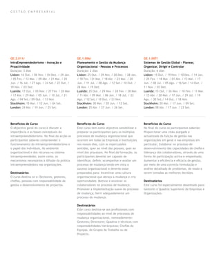 gestão empresarial




GE.2.011/                                       GE.1.006/                                       GE.1.007/
IntraEmpreendedorismo – Inovação e              Planeamento e Gestão da Mudança                 Sistemas de Gestão Global – Planear,
Proactividade                                   Organizacional – Pessoas e Processos            Organizar, Dirigir e Controlar
Duração: 3 dias                                 Duração: 2 dias                                 Duração: 6 dias
Lisbon: 16 Out. / 06 Nov. / 04 Dez. / 29 Jan.   Lisbon: 25 Out. / 29 Nov. / 20 Dez. / 28 Jan.   Lisbon: 15 Out. / 19 Nov. / 10 Dez. / 14 Jan.
/ 05 Fev. / 12 Mar. / 09 Abr. / 21 Mai. / 25    / 18 Fev. /21 Mar. / 18 Abr. / 23 Mai. / 20     / 25 Fev. / 18 Mar. / 01 Abr. / 13 Mai. / 17
Jun. / 16 Jul. / 27 Ago. / 24 Set./ 22 Out. /   Jun. / 11 Jul. / 08 Ago. / 12 Set./ 10 Out. /   Jun. / 08 Jul. / 05 Ago. / 16 Set./ 14 Out. /
19 Nov. / 03 Dez.                               28 Nov. / 19 Dez.                               11 Nov. / 02 Dez.
Luanda: 17 Out. / 05 Nov. / 27 Fev. / 20 Mar.   Luanda: 25 Out. / 29 Nov. / 28 Fev. / 28 Mar.   Luanda: 15 Out. / 26 Nov. / 18 Fev. / 11 Mar.
/ 17 Abr. / 29 Mai. / 05 Jun. / 10 Jul. / 21    / 11 Abr. / 09 Mai. / 06 Jun. / 18 Jul. / 22    / 15 Abr. / 20 Mai. / 17 Jun. / 29 Jul. / 19
Ago. / 04 Set./ 09 Out. / 13 Nov.               Ago. / 12 Set./ 10 Out. / 21 Nov.               Ago. / 30 Set./ 14 Out. / 18 Nov.
Stockholm: 15 Mai. / 12 Jun. / 04 Set.          Stockholm: 30 Mai. / 20 Jun. / 12 Set.          Stockholm: 20 Mai. / 17 Jun. / 09 Set.
London: 24 Abr. / 19 Jun. / 25 Set.             London: 25 Abr. / 27 Jun. / 26 Set.             London: 08 Abr. / 17 Jun. / 23 Set.




Benefícios do Curso                             Benefícios do Curso                             Benefícios do Curso
O objectivo geral do curso é discutir a         Este curso tem como objectivo sensibilizar e    No final do curso os participantes saberão:
importância e as bases conceptuais do           preparar os participantes para os múltiplos     Proporcionar uma visão alargada e
intraempreendedorismo. No final da acção os     processos de mudança organizacional que         actualizada da função de gestão nas
participantes saberão compreender o             ocorrem em todas as Empresas e Instituições     organizações em geral e nas empresas em
funcionamento do intraempreendedorismo e        nos nossos dias, com as repercussões            particular; Colaborar no processo de
o papel dos indivíduos, do ambiente             sentidas, quer ao nível das pessoas, quer ao    desenvolvimento das capacidades de chefia e
organizacional e dos recursos no sistema        nível dos processos. No final da formação, os   liderança dos colaboradores, através de uma
intraempreendedor, assim como, os               participantes deverão ser capazes de            forma de participação activa e empenhada;
mecanismos necessários à difusão da prática     identificar, definir, acompanhar e avaliar um   Aumentar a eficiência e eficácia de gestão,
intraempreendedora nas organizações.            processo de mudança tendo em vista o            por meio de uma correcta formulação e
                                                sucesso organizacional e deverão estar          análise detalhada de problemas, de modo a
Destinatários                                   preparados para: Incentivar uma cultura         serem tomadas as melhores decisões.
O curso destina-se a: Decisores, gestores,      organizacional que abraça a mudança e cria
chefias, pessoas com responsabilidade de        oportunidades; Motivar e envolver os            Destinatários
gestão e desenvolvimento de projectos.          colaboradores no processo de mudança;           Este curso foi especialmente desenhado para:
                                                Promover a implementação suave do processo      Gestores e Quadros Superiores de Empresas e
                                                de mudança; Gerir adequadamente um              Organizações.
                                                processo de mudança.

                                                Destinatários
                                                Este curso destina-se aos profissionais com
                                                responsabilidades ao nível de processos de
                                                mudança organizacional, nomeadamente:
                                                Gestores; Directores; Quadros e técnicos com
                                                responsabilidades hierárquicas; Chefias de
                                                Equipas, de Grupos de Trabalho ou de
                                                Projecto.
 