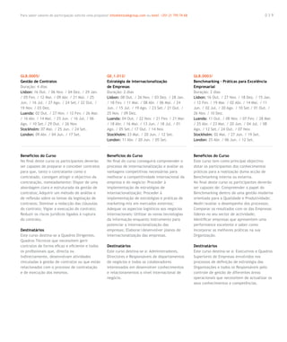Para saber valores de participação solicite uma proposta! info@letstalkgroup.com ou telef. +351 21 795 74 68                                            039




GLB.0005/                                               GE.1.012/                                              GLB.0003/
Gestão de Contratos                                     Estratégia de Internacionalização                      Benchmarking – Práticas para Excelência
Duração: 4 dias                                         de Empresas                                            Empresarial
Lisbon: 16 Out. / 06 Nov. / 04 Dez. / 29 Jan.           Duração: 2 dias                                        Duração: 2 dias
/ 05 Fev. / 12 Mar. / 09 Abr. / 21 Mai. / 25            Lisbon: 08 Out. / 26 Nov. / 03 Dez. / 28 Jan.          Lisbon: 16 Out. / 27 Nov. / 18 Dez. / 15 Jan.
Jun. / 16 Jul. / 27 Ago. / 24 Set./ 22 Out. /           / 18 Fev. / 11 Mar. / 08 Abr. / 06 Mai. / 24           / 12 Fev. / 19 Mar. / 02 Abr. / 14 Mai. / 11
19 Nov. / 03 Dez.                                       Jun. / 15 Jul. / 19 Ago. / 23 Set./ 21 Out. /          Jun. / 02 Jul. / 20 Ago. / 10 Set./ 01 Out. /
Luanda: 02 Out. / 27 Nov. / 12 Fev. / 26 Mar.           25 Nov. / 09 Dez.                                      26 Nov. / 10 Dez.
/ 16 Abr. / 14 Mai. / 25 Jun. / 16 Jul. / 06            Luanda: 04 Out. / 22 Nov. / 21 Fev. / 21 Mar.          Luanda: 11 Out. / 08 Nov. / 07 Fev. / 28 Mar.
Ago. / 10 Set./ 29 Out. / 26 Nov.                       / 18 Abr. / 16 Mai. / 13 Jun. / 18 Jul. / 01           / 25 Abr. / 23 Mai. / 20 Jun. / 04 Jul. / 08
Stockholm: 07 Mai. / 25 Jun. / 24 Set.                  Ago. / 05 Set./ 17 Out. / 14 Nov.                      Ago. / 12 Set./ 24 Out. / 07 Nov.
London: 09 Abr. / 04 Jun. / 17 Set.                     Stockholm: 23 Mai. / 20 Jun. / 12 Set.                 Stockholm: 02 Mai. / 27 Jun. / 19 Set.
                                                        London: 11 Abr. / 20 Jun. / 05 Set.                    London: 25 Abr. / 06 Jun. / 12 Set.



Benefícios do Curso                                     Benefícios do Curso                                    Benefícios do Curso
No final deste curso os participantes deverão           No final do curso conseguirá compreender o             Este curso tem como principal objectivo
ser capazes de preparar e conceber contratos            processo de internacionalização e avaliar as           dotar os participantes dos conhecimentos
para que, tanto o contratante como o                    vantagens competitivas necessárias para                práticos para a realização duma acção de
contratado, consigam atingir o objectivo da             melhorar a competitividade internacional da            Benchmarking interna ou externa.
contratação, nomeadamente: Dispor de uma                empresa e do negócio: Proceder à                       No final deste curso os participantes deverão
abordagem clara e estruturada da gestão de              implementação de estratégias de                        ser capazes de: Compreender o papel do
contratos; Adquirir um método de análise e              internacionalização; Proceder à                        Benchmarking dentro de uma gestão moderna
de reflexão sobre os temas da legislação de             implementação de estratégias e práticas de             orientada para a Qualidade e Produtividade;
contratos; Dominar a redacção das cláusulas             marketing-mix em mercados externos;                    Medir/avaliar o desempenho dos processos;
do contrato; Vigiar a execução do contrato;             Adequar os aspectos logísticos aos negócios            Comparar os resultados com os das Empresas
Reduzir os riscos jurídicos ligados à ruptura           internacionais; Utilizar as novas tecnologias          líderes no seu sector de actividade;
do contrato.                                            da informação enquanto instrumento para                Identificar empresas que apresentem uma
                                                        potenciar a internacionalização das                    performance excelente e saber como
Destinatários                                           empresas; Elaborar/desenvolver planos de               incorporar as melhores práticas na sua
Este curso destina-se a Quadros Dirigentes,             internacionalização das empresas.                      Organização.
Quadros Técnicos que necessitem gerir
contratos de forma eficaz e eficiente e todos           Destinatários                                          Destinatários
os profissionais que, directa ou                        Este curso destina-se a: Administradores,              Este curso destina-se a: Executivos e Quadros
indirectamente, desenvolvam atividades                  Directores e Responsáveis de departamentos             Superiores de Empresas envolvidos nos
vinculadas à gestão de contratos ou que estão           de negócios e todos os colaboradores                   processos de definição de estratégia das
relacionados com o processo de contratação              interessados em desenvolver conhecimentos              Organizações e todos os Responsáveis pelo
e de execução dos mesmos.                               e relacionamentos a nível internacional de             controle de gestão de diferentes áreas
                                                        negócio.                                               operacionais que necessitem de actualizar os
                                                                                                               seus conhecimentos e competências.
 