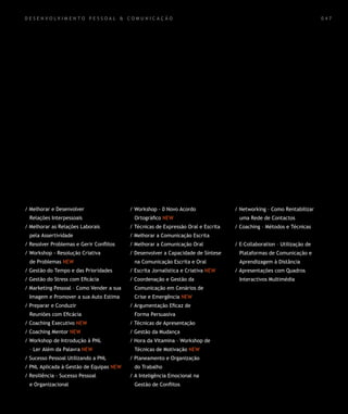 desenvolvimento pessoal & comunicação                                                                                  047




/ Melhorar e Desenvolver                  / Workshop - 0 Novo Acordo               / Networking – Como Rentabilizar
  Relações Interpessoais                    Ortográfico NEW                          uma Rede de Contactos
/ Melhorar as Relações Laborais           / Técnicas de Expressão Oral e Escrita   / Coaching – Métodos e Técnicas
  pela Assertividade                      / Melhorar a Comunicação Escrita
/ Resolver Problemas e Gerir Conflitos    / Melhorar a Comunicação Oral            / E-Collaboration – Utilização de
/ Workshop - Resolução Criativa           / Desenvolver a Capacidade de Síntese      Plataformas de Comunicação e
  de Problemas NEW                          na Comunicação Escrita e Oral            Aprendizagem à Distância
/ Gestão do Tempo e das Prioridades       / Escrita Jornalística e Criativa NEW    / Apresentações com Quadros
/ Gestão do Stress com Eficácia           / Coordenação e Gestão da                  Interactivos Multimédia
/ Marketing Pessoal – Como Vender a sua     Comunicação em Cenários de
  Imagem e Promover a sua Auto Estima       Crise e Emergência NEW
/ Preparar e Conduzir                     / Argumentação Eficaz de
  Reuniões com Eficácia                     Forma Persuasiva
/ Coaching Executivo NEW                  / Técnicas de Apresentação
/ Coaching Mentor NEW                     / Gestão da Mudança
/ Workshop de Introdução à PNL            / Hora da Vitamina – Workshop de
  – Ler Além da Palavra NEW                 Técnicas de Motivação NEW
/ Sucesso Pessoal Utilizando a PNL        / Planeamento e Organização
/ PNL Aplicada à Gestão de Equipas NEW      do Trabalho
/ Resiliência - Sucesso Pessoal           / A Inteligência Emocional na
  e Organizacional                          Gestão de Conflitos
 