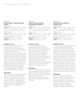 RECURSOS HUMANOS & FORMAÇÃO




RHF.1.001/                                        RHF.1.021/                                       RHF.1.006/
Executive Master – Gestão de Recursos             Sistemas de Controlo Interno                     Redução de Custos Laborais em
Humanos                                           e Indicadores de Gestão RH                       Tempos de Crise
Duração: 6 dias                                   Duração: 4 dias                                  Duração: 3 dias
Lisbon: 08 Out. / 26 Nov. / 03 Dez. / 28 Jan.     Lisbon: 09 Out. / 20 Nov. / 04 Dez. / 22 Jan.    Lisbon: 10 Out. / 07 Nov. / 19 Dez. / 23 Jan.
/ 18 Fev. / 11 Mar. / 01 Abr. / 13 Mai. / 17      / 19 Fev. / 05 Mar. / 09 Abr. / 21 Mai. / 18     / 20 Fev. / 13 Mar. / 10 Abr. / 08 Mai. / 19
Jun. / 08 Jul. / 05 Ago. / 16 Set./ 14 Out. /     Jun. / 23 Jul. / 06 Ago. / 17 Set./ 15 Out. /    Jun. / 24 Jul. / 28 Ago. / 18 Set./ 23 Out. /
11 Nov. / 02 Dez.                                 12 Nov. / 17 Dez.                                13 Nov. / 04 Dez.
Luanda: 22 Out. / 05 Nov. / 25 Fev. / 11 Mar.     Luanda: 09 Out. / 20 Nov. / 19 Fev. / 12 Mar.    Luanda: 03 Out. / 28 Nov. / 13 Fev. / 27 Mar.
/ 15 Abr. / 27 Mai. / 17 Jun. / 15 Jul. / 12      / 16 Abr. / 21 Mai. / 18 Jun. / 23 Jul. / 06     / 17 Abr. / 29 Mai. / 05 Jun. / 24 Jul. / 21
Ago. / 09 Set./ 28 Out. / 18 Nov.                 Ago. / 24 Set./ 15 Out. / 19 Nov.                Ago. / 25 Set./ 02 Out. / 13 Nov.
Stockholm: 20 Mai. / 17 Jun. / 23 Set.            Stockholm: 14 Mai. / 11 Jun. / 03 Set.           Stockholm: 29 Mai. / 12 Jun. / 18 Set.
London: 15 Abr. / 17 Jun. / 16 Set.               London: 02 Abr. / 11 Jun. / 10 Set.              London: 24 Abr. / 12 Jun. / 25 Set.



Benefícios do Curso                               Benefícios do Curso                              Benefícios do Curso
Este curso tem como objectivo dotar os            No final da acção de formação os                 No final do curso os participantes deverão ter
participantes dos conhecimentos e                 participantes deverão ser capazes de:            adquirido os seguintes conhecimentos:
competências necessárias a uma gestão             Compreender o conceito de controlo interno,      Características das diferentes formas de
global de recursos humanos, quer na vertente      suas características, princípios, âmbito e       organização do tempo de trabalho; Saber
de administração, quer na de                      amplitude de aplicação; Conhecer os              como efectuar “redução” nas remunerações;
desenvolvimento de RH´s, abarcando, ainda,        diferentes sistemas e metodologias de            Identificar os aspectos legais da revisão da
a importância da comunicação, motivação e         implementação de controlo interno;               contratação de pessoal; Descrever os direitos
as políticas de Saúde, Higiene e Segurança no     Reconhecer quais os indicadores possíveis no     e deveres do empregador e dos trabalhadores
Trabalho. No fim deste Curso os participantes     âmbito da Gestão de Recursos Humanos, suas       durante períodos de lay-off; Conhecer os
deverão ser capazes de: Analisar a gestão dos     fórmulas, métricas, fontes comuns e              efeitos da licença sem retribuição; Identificar
Recursos Humanos numa perspectiva global e        aplicabilidade prática à realidade               as vantagens de um acordo de pré-reforma;
integrada; Aumentar os conhecimentos e as         organizacional; Monitorizar procedimentos de     Saber como optimizar custos no acordo de
competências específicas nas diversas áreas       controlo interno numa óptica de eficácia         revogação de contrato de trabalho; Analisar
de gestão de Recursos humanos; Utilizar           organizacional e melhoria contínua.              as consequências das medidas de combate à
eficazmente novos métodos e técnicas de                                                            crise no processamento salarial; Conhecer as
Administração de Pessoal e de gestão e            Destinatários                                    medidas adoptadas pela Segurança Social de
desenvolvimento dos Recursos Humanos.             Este curso destina-se a todos os profissionais   combate à crise; Compreender as principais
                                                  com responsabilidade directa ou indirecta na     alterações previstas no Código Contributivo.
Destinatários                                     Gestão de Recursos Humanos, Controlo de
Este curso é essencial a todos os profissionais   Gestão, Planeamento e Gestão Estratégica,        Destinatários
que, de uma forma geral, necessitem de            nomeadamente: Empresários,                       Este curso é dirigido a: Directores de
conhecer estratégias, técnicas e práticas         Administradores, Directores, Gestores,           Recursos Humanos; Chefes de Departamento
envolvidas na gestão de Pessoas e na gestão       Responsáveis de Departamento, Técnicos e         de Recursos Humanos; Responsáveis de
dos Recursos Humanos, nomeadamente:               Consultores.                                     Relações Laborais; Técnicos de Recursos
Gestores e Chefias com responsabilidades de                                                        Humanos; Responsáveis da Área de Pessoal;
gestão de pessoas ou equipas; Técnicos de                                                          Consultores de Recursos Humanos;
Recursos Humanos; Coordenadores de                                                                 Advogados; e, todos os colaboradores
Projectos.                                                                                         envolvidos na definição de custos laborais.
 