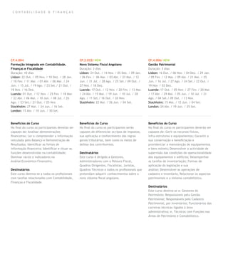 CO N TA BILIDA D E & FIN A N Ç A S




CF.4.004                                         CF.2.022/ NEW                                   CF.4.006/ NEW
Formação Integrada em Contabilidade,             Novo Sistema Fiscal Angolano                    Gestão Patrimonial
Finanças e Fiscalidade                           Duração: 3 dias                                 Duração: 3 dias
Duração: 10 dias                                 Lisbon: 24 Out. / 14 Nov. / 05 Dez. / 09 Jan.   Lisbon: 16 Out. / 06 Nov. / 04 Dez. / 29 Jan.
Lisbon: 22 Out. / 05 Nov. / 10 Dez. / 28 Jan.    / 06 Fev. / 06 Mar. / 03 Abr. / 22 Mai. / 12    / 05 Fev. / 12 Mar. / 09 Abr. / 21 Mai. / 25
/ 18 Fev. / 11 Mar. / 01 Abr. / 06 Mai. / 24     Jun. / 31 Jul. / 28 Ago. / 25 Set./ 09 Out. /   Jun. / 16 Jul. / 27 Ago. / 24 Set./ 22 Out. /
Jun. / 15 Jul. / 19 Ago. / 23 Set./ 21 Out. /    27 Nov. / 18 Dez.                               19 Nov. / 03 Dez.
18 Nov. / 16 Dez.                                Luanda: 17 Out. / 12 Nov. / 20 Fev. / 13 Mar.   Luanda: 17 Out. / 05 Nov. / 27 Fev. / 20 Mar.
Luanda: 01 Out. / 12 Nov. / 25 Fev. / 18 Mar.    / 24 Abr. / 15 Mai. / 19 Jun. / 10 Jul. / 28    / 17 Abr. / 29 Mai. / 05 Jun. / 10 Jul. / 21
/ 22 Abr. / 06 Mai. / 10 Jun. / 08 Jul. / 26     Ago. / 11 Set./ 16 Out. / 20 Nov.               Ago. / 04 Set./ 09 Out. / 13 Nov.
Ago. / 23 Set./ 21 Out. / 25 Nov.                Stockholm: 22 Mai. / 26 Jun. / 04 Set.          Stockholm: 15 Mai. / 12 Jun. / 04 Set.
Stockholm: 27 Mai. / 24 Jun. / 16 Set.                                                           London: 24 Abr. / 19 Jun. / 25 Set.
London: 15 Abr. / 10 Jun. / 30 Set.



Benefícios do Curso                              Benefícios do Curso                             Benefícios do Curso
No final do curso os participantes deverão ser   No final do curso os participantes serão        No final do curso os participantes deverão ser
capazes de: Analisar demonstrações               capazes de diferenciar os tipos de impostos,    capazes de: Gerir os recursos físicos,
financeiras; Ler e compreender a informação      sua aplicação e conhecimento das regras         infra-estruturas e equipamentos; Garantir a
veiculada pelo Balanço e Demonstração de         gerais tributárias, bem como os meios de        sua conservação e beneficiação e
Resultados; Identificar as fontes de             defesa dos contribuintes.                       providenciar a manutenção de equipamentos
informação financeira; Identificar e situar as                                                   e bens móveis; Desenvolver a actividade de
funções desenvolvidas na contabilidade;          Destinatários                                   supervisão das condições de operacionalidade
Dominar rácios e indicadores na                  Este curso é dirigido a Gestores,               dos equipamentos e edifícios; Desempenhar
Análise Económico-Financeira.                    Administradores com o Pelouro Fiscal,           as tarefas de inventariação; Formas de
                                                 Quadros Dirigentes, Fiscalistas, Juristas,      aplicação da legislação e sua
Destinatários                                    Quadros Técnicos e todos os profissionais que   análise; Desenvolver as operações de
Este curso destina-se a todos os profissionais   pretendam adquirir conhecimentos sobre o        cadastro e inventário; Relacionar os aspectos
com tarefas relacionadas com Contabilidade,      novo sistema fiscal angolano.                   patrimoniais e o sistema contabilístico.
Finanças e Fiscalidade.
                                                                                                 Destinatários
                                                                                                 Este curso destina-se a: Gestores do
                                                                                                 Património; Responsáveis pela Gestão
                                                                                                 Patrimonial; Responsáveis pelo Cadastro
                                                                                                 Patrimonial, por Inventários; Funcionários das
                                                                                                 carreiras técnicas ligados à área
                                                                                                 administrativa; e, Técnicos com Funções nas
                                                                                                 Áreas de Património e Contabilístico.
 