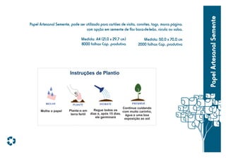 Medida: A4 (21,0 x 29,7 cm)
8000 folhas Cap. produtiva

Medida: 50,0 x 70,0 cm
2000 folhas Cap. produtiva

Instruções de Plantio

Molhe o papel

Continue cuidando
Regue todos os
Plante-o em
com muito carinho,
terra fertil dias e, após 15 dias, água e uma boa
ele germinará
exposição ao sol

Papel Artesanal Semente

Papel Artesanal Semente, pode ser utilizado para cartões de visita, convites, tags, marca página.
com opção em semente de flor boca-de-leão, rúcula ou salsa.

 