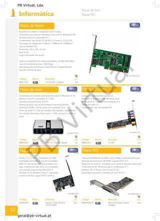 PB
Virtual
PB Virtual, Lda.
geral@pb-virtual.pt
Código Marca Descrição Emb
SWESC016 USB 7.1 C-Media Chipset 1un
Código Marca Descrição Emb Código Marca Descrição Emb
SWEPU203 Express 2 Port Internal 1un SWEPU005V2 Placa PCI Sweex 1 Porta 1un
SATA II RAID Paralela
52
 