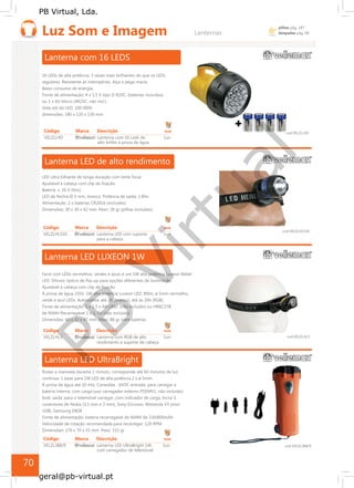 PB
Virtual
PB Virtual, Lda.
geral@pb-virtual.pt
pilhas pág. 187
lâmpadas pág. 68
Código Marca Descrição Emb
VELZLHL3 Lanterna com RGB de alto 1un
rendimento e suporte de cabeça
Código Marca Descrição Emb
VELZL388/9 Lanterna LED UltraBright 1W, 1un
com carregador de telemóvel
70
 