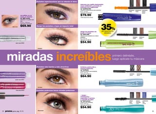 Pestañas espectaculares que se robarán el show
                                                                                                             máscara con cepillo elastomatrix
                                                                                                             mayor definición y precisión al
                                                                                                             momento de la aplicación
                                                                                                             cyº spektacular
                                                                                                             máscara multibeneficios para pestañas*                                spektablack      spektabrown spektablack
                                                                                                             8 ml / .27 fl oz.                                                     14806            14805       intense
                                                                                                             valorizado en $125.00                                                                                    00463

                              con glitter, no se
                              corre, no mancha
                                                                                                             $79.90
                                                                                                             *Oftalmológicamente probado.
                              cyº glitt xcess
                              delineador con glitter para
                              ojos




                                                                                                                                                  35%
                              3.5 ml / .118 fl. oz.
                                                             spektablack
                              valorizado en $110.00

              silver xcess    $69.90                        Alarga tus pestañas y logra un impacto total


                                                                                                             alarga tus pestañas sin                  de descuento
                                                                                                             perder el rizado                           delineadores
                                                                                                             cyº stira lash
                                                                                                             máscara para pestañas con efecto
                                                                                                             alargador                                                                         stirablack      stirabrown
                                                                                                             8 g / 0.27 oz.                                                                    00562           00442
                                                                                                             valorizado en $89.00

                     silver xcess 08860                                                                      $54.90

                                                             stirablack




       miradas increíbles                                                                                                                                              primero delinéate,
                                                                                                                                                                       luego aplícate tu máscara

                                                            Pestañas más fuertes y más atractivas            fortaleza, protección y
                                                                                                             máxima definición
                                                                                                             cyº fortilash
                                                                                                             máscara tratante para pestañas
                                                                                                             8 ml / .27 fl. oz.
                                                                                                             valorizado en $89.00                                                   forti black         forti brown

                                                                                                             $64.90                                                                 02044               02045


                    purple xcess 08867




                                                             forti black


                     fuxia xcess 08859                      Pestañas poderosas hacen miradas poderosas


                                                                                                             + largas +
                                                                                                             voluminosas +
                                                                                                             separadas, 0 grumos
                                                                                                             y a prueba de agua
                                                                                                             cyº lash power                                                         officyal           spacyal         profecyonal
                                                                                                             máscara para pestañas.                                                 black              chocolate       blue
                                                                                                             8 ml / .27 fl. oz.                                                     21816              21817           21818
                                                                                                             valorizado en $79.00

                                                                                                             $54.90
24   promo giulia: pág. 72-73                                officyal black
                                                                                                                                                                                                                                     25
 