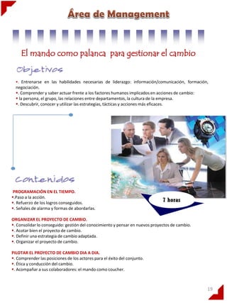 El mando como palanca para gestionar el cambio

. Entrenarse en las habilidades necesarias de liderazgo: información/comunicación, formación,

negociación.
. Comprender y saber actuar frente a los factores humanos implicados en acciones de cambio:
 la persona, el grupo, las relaciones entre departamentos, la cultura de la empresa.
. Descubrir, conocer y utilizar las estrategias, tácticas y acciones más eficaces.

PROGRAMACIÓN EN EL TIEMPO.
.Paso a la acción.
. Refuerzo de los logros conseguidos.
. Señales de alarma y formas de abordarlas.

7 horas

ORGANIZAR EL PROYECTO DE CAMBIO.
. Consolidar lo conseguido: gestión del conocimiento y pensar en nuevos proyectos de cambio.
. Acotar bien el proyecto de cambio.
. Definir una estrategia de cambio adaptada.
. Organizar el proyecto de cambio.
PILOTAR EL PROYECTO DE CAMBIO DIA A DIA.
. Comprender las posiciones de los actores para el éxito del conjunto.
. Ética y conducción del cambio.
. Acompañar a sus colaboradores: el mando como coucher.

19

 