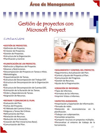 Gestión de proyectos con
Microsoft Proyect
GESTIÓN DE PROYECTOS.
Definición de Proyecto.
El Gestor de Proyectos.
Gestión de Proyectos.
Estructura de la Organización.
Planificación y Control.
PLANIFICACIÓN DE UN PROYECTO.
Definición y Objetivos del Proyecto.
Alcance y Restricciones.
Descomposición del Proyecto en Tareas e Hitos.
Metodologías.
Esquematización de Tareas.
Estructura de Descomposición del Trabajo EDT.
Estructura de Descomposición de la Organización
EDO.
Estructura de Descomposición de Cuentas EDC.
Estimación de la Duración de las Tareas.
Orden y Dependencia de Tareas.
Asignación de Recursos.
REFINAR Y COMUNICAR EL PLAN.
Evaluación del Plan.
Fechas del Proyecto.
El Método del Camino Crítico.
Holguras y Tareas No Críticas.
Refinamiento del Plan.
Nivelación de Recursos.
Reducción de la Duración.
Creación del Plan Inicial (Línea Base).
Comunicación del Plan.

SEGUIMIENTO Y CONTROL DEL PROYECTO.
Seguimiento y Actualización del Plan.
Control y Ajuste del Proyecto al Plan.
Comunicación del Progreso.
Gestión de Recursos.
Ajuste de la Programación.
CREACIÓN DE INFORMES.
Tipos de Informes.
Formatos de los Informes.
Imprimir Vistas e Informes.
ASPECTOS AVANZADOS.
Importación y Exportación de Información.
Tensado de redes.
Detección de inconsistencias en la
planificación.
Trabajar con subproyectos.
Consolidar proyectos.
Compartir recursos en proyectos múltiples.
Personalizar el entorno de trabajo de la
herramienta.
27

 