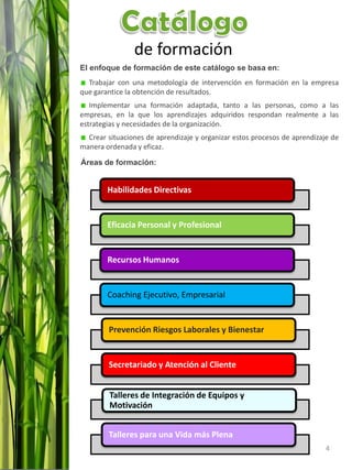 de formación
El enfoque de formación de este catálogo se basa en:
Trabajar con una metodología de intervención en formación en la empresa
que garantice la obtención de resultados.
Implementar una formación adaptada, tanto a las personas, como a las
empresas, en la que los aprendizajes adquiridos respondan realmente a las
estrategias y necesidades de la organización.
Crear situaciones de aprendizaje y organizar estos procesos de aprendizaje de
manera ordenada y eficaz.
Áreas de formación:

Habilidades Directivas

Eficacia Personal y Profesional

Recursos Humanos

Coaching Ejecutivo, Empresarial

Prevención Riesgos Laborales y Bienestar

Secretariado y Atención al Cliente
Talleres de Integración de Equipos y
Motivación
Talleres para una Vida más Plena
4

 
