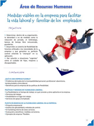 Medidas viables en la empresa para facilitar
la vida laboral y familiar de los empleados

. Determinar, dentro de su organización,
la idoneidad o no de medidas como la
reducción de jornada, el teletrabajo,
bancos de tiempo libre remunerado,
guarderías.
. Desarrollar un sistema de flexibilidad de
horarios enfocado a las necesidades de la
empresa y que garantice su perfecto
control evitando la "anarquía" en su
aplicación.
. Dar solución a situaciones "urgentes"
como el cuidado de hijos, mayores y
discapacitados.

7 horas

¿QUÉ ES UNA EMPRESA FLEXIBLE?
.Problemas derivados de la incompatibilidad personal y profesional: absentismo,
productividad y clima laboral.
.Beneficios para la empresa de las políticas de flexibilidad.
POLÍTICAS Y MEDIDAS DE FLEXIBILIDAD LABORAL:
.La flexibilidad en el tiempo de trabajo: en qué consiste y cómo aplicarla en la empresa.
.Permisos de trabajo.
.Flexibilidad en el lugar de trabajo.
.Servicios de apoyo al empleado
PUESTA EN MARCHA DE LA FLEXIBILIDAD LABORAL EN LA EMPRESA:
.Proyecto empresarial.
.Análisis de aplicabilidad y métodos de control.
.El marketing interno de estos servicios.
.Evaluación y beneficios: medidas correctoras.
.Ejemplos de empresa “flexibles.

52

 