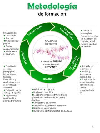de formación

Evaluación de:
Satisfacción
Reacción
Transferencia al
puesto
Cambio
comportamental
IMPACTO EN
EL NEGOCIO

Elección de
recursos
pedagógicos,
herramientas,
técnicas
innovadoras y
revolucionarias en
el aprendizaje
acelerado
Evaluación previa
de los participantes
Seguimiento
continuo de la
actividad formativa

DESARROLLO
DEL TALENTO

Las semillas del FUTURO
se encuentran en el

PRESENTE

DISEÑO

Definición de objetivos
Diseño de contenidos,
Selección de modalidad/metodología
ajustada a las necesidades, recursos y
objetivos
Convocatoria de alumnos
Elección del docente más adecuado
Gestión de subvenciones
DEFINICIÓN DE INDICADORES DE CALIDAD

Definir la
estrategía de
formación acorde a
las estrategías de
negocio, capital
humano y gestión
del talento

Recogida de
Información
Análisis y
detección de
necesidades.
Priorización de
las necesidades
conjuntamente
con los
responsables de
área

6

 