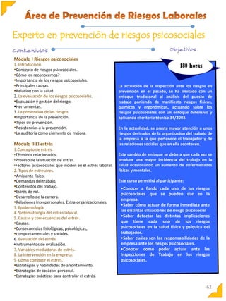 Experto en prevención de riesgos psicosociales
Módulo I Riesgos psicosociales
1. Introducción.
Concepto de riesgos psicosociales.
Cómo los reconocemos?
Importancia de los riesgos psicosociales.
Principales causas.
Relación con la salud.
2. La evaluación de los riesgos psicosociales.
Evaluación y gestión del riesgo
Herramientas.
3. La prevención de los riesgos.
Importancia de la prevención.
Tipos de prevención.
Resistencias a la prevención.
La auditoría como elemento de mejora.

Módulo II El estrés
1.Concepto de estrés.
•Términos relacionados.
•Proceso de la situación de estrés.
•Factores psicosociales que inciden en el estrés laboral.
2. Tipos de estresores.
Ambiente físico.
Demandas del trabajo.
Contenidos del trabajo.
Estrés de rol.
Desarrollo de la carrera.
Relaciones interpersonales. Extra-organizacionales.
3. Epidemiología.
4. Sintomatología del estrés laboral.
5. Causas y consecuencias del estrés.
Causas.
Consecuencias fisiológicas, psicológicas,
comportamentales y sociales.
6. Evaluación del estrés.
•Instrumentos de evaluación.
7. Variables mediadoras de estrés.
8. La intervención en la empresa.
9. Cómo combatir el estrés.
Estrategias y habilidades de afrontamiento.
Estrategias de carácter personal.
Estrategias prácticas para controlar el estrés.

180 horas

La actuación de la Inspección ante los riesgos en
prevención en el pasado, se ha limitado con un
enfoque tradicional al análisis del puesto de
trabajo poniendo de manifiesto riesgos físicos,
químicos y ergonómicos, actuando sobre los
riesgos psicosociales con un enfoque defensivo y
aplicando el criterio técnico 34/2003.
En la actualidad, se presta mayor atención a unos
riesgos derivados de la organización del trabajo de
la empresa a la que pertenece el trabajador y de
las relaciones sociales que en ella acontecen.
Este cambio de enfoque se debe a que cada vez se
produce una mayor incidencia del trabajo en la
salud ocasionando un aumento de enfermedades
físicas y mentales.
Este curso permitirá al participante:

•Conocer a fondo cada uno de los riesgos
psicosociales que se pueden dar en la
empresa.
•Saber cómo actuar de forma inmediata ante
las distintas situaciones de riesgo psicosocial
•Saber detectar las distintas implicaciones
que tiene cada uno de los riesgos
psicosociales en la salud física y psíquica del
trabajador.
•Saber cuáles son las responsabilidades de la
empresa ante los riesgos psicosociales.
•Conocer como poder actuar ante las
Inspecciones de Trabajo en los riesgos
psicosociales.

62

 