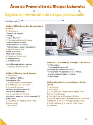 Experto en prevención de riesgos psicosociales
Módulo III El síndrome de estar quemado o
burnout
1. Introducción.
Concepto de burnout.
Etiología.
Fases de desarrollo.
2. Principales colectivos afectados.
Profesionales de la salud.
Profesionales de la docencia.
Profesionales de los servicios sociales.
3. Medición del burnout.
•Escala de maslach.
•Otros instrumentos.
4. Prevención del burnout.
•A nivel individual.
•A nivel de equipo.

.

•A nivel de organización-empresa
5. Propuesta de intervención.

Módulo IV El acoso moral. Mobbing
1. Introducción.
•Concepto de mobbing.
•Fases y desarrollo.
2. Manifestaciones más frecuentes.
3. Perfil del acosado y acosador
4. Causas del mobbing.
•Deficiencias de la organización.
•Situaciones individuales.
5. Consecuencias del mobbing.
•Consecuencias para la víctima, organización
y la sociedad.
6. Prevención del mobbing y propuesta
de intervención.
7. Marco legal

Módulo V El acoso sexual/ acoso por razón de sexo
1. Introducción.
2. Causas del acoso sexual.
3. Consecuencias del acoso sexual.
4. Prevención del acoso sexual en el trabajo.
5. Recomendaciones para la víctima.
6. Marco legal.

Módulo VI medios de protección en el ámbito
laboral
1. Introducción.
2. Marco legal.
3. La actuación de la inspección de trabajo en los
distintos tipos de acoso.
4. Conciliación de la vida laboral y familiar.
5. Acciones legales que puede desarrollar el trabajador
en cada uno de los tipos de riesgos psicosociales.
6. Responsabilidad de la empresa en los riesgos
psicosociales.

63

 
