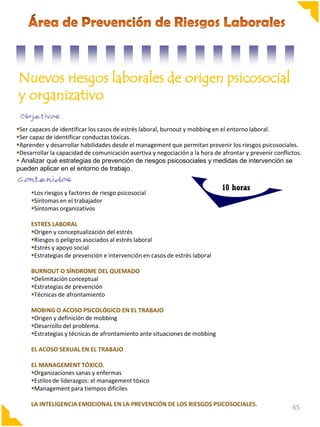Nuevos riesgos laborales de origen psicosocial
y organizativo
Ser capaces de identificar los casos de estrés laboral, burnout y mobbing en el entorno laboral.
Ser capaz de identificar conductas tóxicas.
Aprender y desarrollar habilidades desde el management que permitan prevenir los riesgos psicosociales.
Desarrollar la capacidad de comunicación asertiva y negociación a la hora de afrontar y prevenir conflictos.
 Analizar qué estrategias de prevención de riesgos psicosociales y medidas de intervención se
pueden aplicar en el entorno de trabajo.

Los riesgos y factores de riesgo psicosocial
Síntomas en el trabajador
Síntomas organizativos

10 horas

ESTRÉS LABORAL
Origen y conceptualización del estrés
Riesgos o peligros asociados al estrés laboral
Estrés y apoyo social
Estrategias de prevención e intervención en casos de estrés laboral
BURNOUT O SÍNDROME DEL QUEMADO
Delimitación conceptual
Estrategias de prevención
Técnicas de afrontamiento
MOBING O ACOSO PSICOLÓGICO EN EL TRABAJO
Origen y definición de mobbing
Desarrollo del problema.
Estrategias y técnicas de afrontamiento ante situaciones de mobbing
EL ACOSO SEXUAL EN EL TRABAJO
EL MANAGEMENT TÓXICO.
Organizaciones sanas y enfermas
Estilos de liderazgos: el management tóxico
Management para tiempos difíciles
LA INTELIGENCIA EMOCIONAL EN LA PREVENCIÓN DE LOS RIESGOS PSICOSOCIALES.

65

 