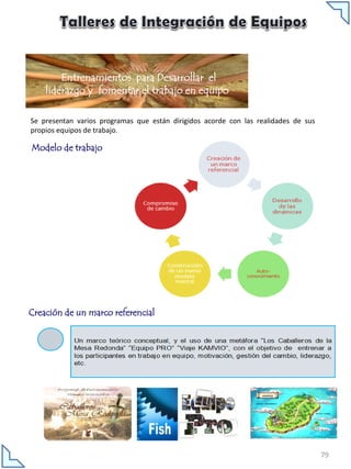 Entrenamientos para Desarrollar el
liderazgo y fomentar el trabajo en equipo
Se presentan varios programas que están dirigidos acorde con las realidades de sus
propios equipos de trabajo.

Modelo de trabajo

Creación de un marco referencial

79

 