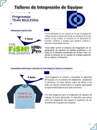Programas
TEAM BUILDING

PROGRAMA EQUIPO PRO

8 horas

La Proactividad es una actitud en la que el equipo de
trabajo asume el pleno control de su conducta de modo
activo, lo que implica la iniciativa en el desarrollo de
acciones creativas y audaces para generar mejoras y
descubrir necesidades futuras.
Este taller centra el proceso de integración en la
generación de equipos de trabajo proactivos y se
basa en la filosofía presentada en el libro Fish, en
donde la eficacia de un equipo de trabajo depende
de su actitud y motivación.

TEAMWORK IDENTIDAD Y SENTIDO DE PERTENENCIA: PONTE LA CAMISETA

8 horas

Este programa se orienta a consolidar la identidad
del equipo, en un proceso de adaptación, aceptación
y tolerancia. Se hace énfasis sobre las tareas y los
roles, los valores compartidos y el orgullo, apreciando
la oportunidad laboral que cada uno tiene.
En este programa para la integración de equipos de
trabajo, se busca desarrollar la atracción que ejerce
entre los integrantes del equipo la condición de ser
miembro de un grupo y/o empresa.

82

 