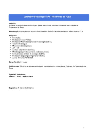 25
Operador de Estações de Tratamento de Água
Objetivo:
Fornecer os subsídios necessários para operar e solucionar possíveis problemas em Estações de
Tratamento de Água.
Metodologia: Exposição com recurso visual de slides (Data Show) intercalada com aula prática na ETA.
Programa:
 Introdução;
 Noções de Saúde Pública;
 Noções de Matemática aplicadas em operação de ETA;
 Tratamento de água;
 Mecanismo da coagulação;
 Jart Test;
 Análises laboratóriais de rotina;
 Metodologias para dosagens de produtos químicos;
 Formulários de controle de operação da ETA;
 Noções em Segurança e Higiene no trabalho;
 Anexo - Portaria nº 518/2004.
Carga Horária: 24 horas
Público Alvo: Técnicos e demais profissionais que atuem com operação de Estações de Tratamento de
Água.
Possíveis Instrutores:
SÉRGIO TADEU CASAGRANDE
Sugestões de novos instrutores:
 