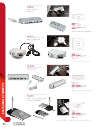 69
ACCESORIOSDECÓMPUTO
9.1 cm
3.7cm
6.4 x 2.3 cm
6.5 cm
6.5cm
3.5 x 2.3 cm
15 cm
9.1cm
2 x 4 cm
3.7cm
12.8 cm
8.9 x 1.9 cm
HUB 01
HUB CUATRO
PUERTOS
Material: Plástico
Medida: 9.1 x 3.7 cm
Área de Impresión: 6.4 x 2.3 cm
Técnica de Impresión: Serigrafía
Colores: Plata
HUB para 4 puertos USB. Incluye cable USB.
HUB 02
HUB FOUR ENTRY
Material: Plástico
Medida: 6.5 x 6.5 cm
Área de Impresión: 3.5 x 2.3 cm
Técnica de Impresión: Serigrafía
Colores: Blanco
HUB para 4 puertos USB. Incluye ventosa.
HUB 04
HUB CON DESPACHADOR
DE NOTAS ANTARES
Material: Plástico
Medida: 15 x 9.1 cm
Área de Impresión: 2 x 4 cm
Técnica de Impresión: Serigrafía
Colores: Plata con Negro
Tinta: Negra
HUB para 4 puertos USB. Incluye pluma, block de notas, porta clip y cable USB.
HUB 05
HUB BATIAN
Material: Plástico
Medida: 12.8 x 3.7 cm
Área de Impresión: 8.9 x 1.9 cm
Técnica de Impresión: Serigrafía
Colores: Blanco
HUB para 4 puertos USB. Incluye cable USB.
 