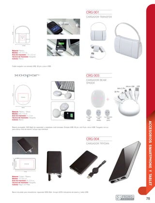 78
ACCESORIOSSMARTPHONEYTABLET
Luz Roja
10%
Baja
Luz Azul
50%
Media
Luz Morada
90%
Llena
30 Pin
Mini 5 Pin
Micro USB USB
área logo
área logo
área logo
logo 3 cm
4 cm
logo 0.7 cm
2.5 cm
Luz Roja
10%
Baja
Luz Azul
50%
Media
Luz Morada
90%
Llena
30 Pin
Mini 5 Pin
Micro USB USB
área logo
área logo
área logo
logo 3 cm
4 cm
logo 0.7 cm
2.5 cm
3 cm
Luz Roja
10%
Baja
Luz Azul
50%
Media
Luz Morada
90%
Llena
30 Pin
Mini 5 Pin
Micro USB USB
o
o
3 cm
logo 0.7 cm
2.5 cm
Luz Roja
10%
Baja
Luz Azul
50%
Media
Luz Morada
90%
Llena
30 Pin
Mini 5 Pin
Micro USB USB
12 cm
6.5cm
8 x 5.5 cm
4.5 cm
4.7cm
1.6 x 2.2
cm
5.8 cm
7.5cm
4 X 3 cm
CRG 001
CARGADOR TRANSFER
Material: Plástico
Medida: 4.5 x 4.7 cm
Área de Impresión: 1.6 x 2.2 cm
Técnica de Impresión: Serigrafía
Colores: Blanco
Cable cargador con entrada USB, 30 pin y micro USB.
CRG 004
CARGADOR TRYDAN
Material: Curpiel / Plástico
Medida: 12 x 6.5 cm
Área de Impresión: 8 x 5.5 cm
Técnica de Impresión: Serigrafía
Colores: Negro con Plata
Banco de poder para smartphone, capacidad 2600 Mah. Incluye LEDS indicadores de batería y cable USB.
CRG 003
CARGADOR BEAM
SPIDER
Material: Plástico / Silicón
Medida: 5.8 x 7.5 cm
Área de Impresión: 4 x 3 cm
Técnica de Impresión: Serigrafía
Colores: Blanco
Batería recargable 1500 MgH de capacidad y adaptador multi entradas: Entrada USB, 30 pin, mini 5 pin, micro USB. Cargador con luz
para indicar nivel de batería. Incluye caja individual.
 