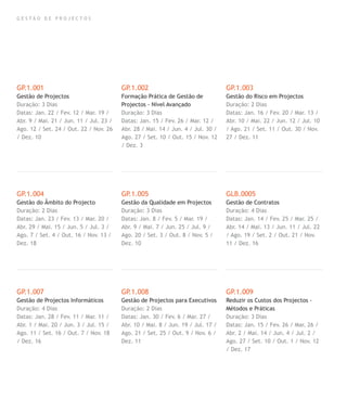 G E S T Ã O D E P R O J E C T O S
GP.1.001
Gestão de Projectos
Duração: 3 Dias
Datas: Jan. 22 / Fev. 12 / Mar. 19 /
Abr. 9 / Mai. 21 / Jun. 11 / Jul. 23 /
Ago. 12 / Set. 24 / Out. 22 / Nov. 26
/ Dez. 10
GP.1.004
Gestão do Âmbito do Projecto
Duração: 2 Dias
Datas: Jan. 23 / Fev. 13 / Mar. 20 /
Abr. 29 / Mai. 15 / Jun. 5 / Jul. 3 /
Ago. 7 / Set. 4 / Out. 16 / Nov. 13 /
Dez. 18
GP.1.007
Gestão de Projectos Informáticos
Duração: 4 Dias
Datas: Jan. 28 / Fev. 11 / Mar. 11 /
Abr. 1 / Mai. 20 / Jun. 3 / Jul. 15 /
Ago. 11 / Set. 16 / Out. 7 / Nov. 18
/ Dez. 16
GP.1.002
Formação Prática de Gestão de
Projectos - Nível Avançado
Duração: 3 Dias
Datas: Jan. 15 / Fev. 26 / Mar. 12 /
Abr. 28 / Mai. 14 / Jun. 4 / Jul. 30 /
Ago. 27 / Set. 10 / Out. 15 / Nov. 12
/ Dez. 3
GP.1.005
Gestão da Qualidade em Projectos
Duração: 3 Dias
Datas: Jan. 8 / Fev. 5 / Mar. 19 /
Abr. 9 / Mai. 7 / Jun. 25 / Jul. 9 /
Ago. 20 / Set. 3 / Out. 8 / Nov. 5 /
Dez. 10
GP.1.008
Gestão de Projectos para Executivos
Duração: 2 Dias
Datas: Jan. 30 / Fev. 6 / Mar. 27 /
Abr. 10 / Mai. 8 / Jun. 19 / Jul. 17 /
Ago. 21 / Set. 25 / Out. 9 / Nov. 6 /
Dez. 11
GP.1.003
Gestão do Risco em Projectos
Duração: 2 Dias
Datas: Jan. 16 / Fev. 20 / Mar. 13 /
Abr. 10 / Mai. 22 / Jun. 12 / Jul. 10
/ Ago. 21 / Set. 11 / Out. 30 / Nov.
27 / Dez. 11
GLB.0005
Gestão de Contratos
Duração: 4 Dias
Datas: Jan. 14 / Fev. 25 / Mar. 25 /
Abr. 14 / Mai. 13 / Jun. 11 / Jul. 22
/ Ago. 19 / Set. 2 / Out. 21 / Nov.
11 / Dez. 16
GP.1.009
Reduzir os Custos dos Projectos -
Métodos e Práticas
Duração: 3 Dias
Datas: Jan. 15 / Fev. 26 / Mar. 26 /
Abr. 2 / Mai. 14 / Jun. 4 / Jul. 2 /
Ago. 27 / Set. 10 / Out. 1 / Nov. 12
/ Dez. 17
 