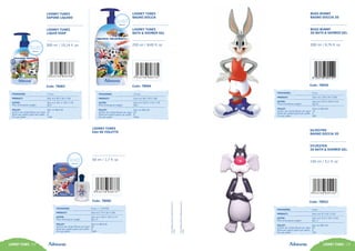 LOONEY TUNES 115LOONEY TUNES 114
T&©WarnerBros.EntertainmentInc.
(s14)
T&©WarnerBros.EntertainmentInc.
(s14)
SILVESTRO
BAGNO DOCCIA 3D
SYLVESTER
3D BATH & SHOWER GEL
150 ml / 5,1 fl. oz
Code: 78052
PACKAGING:	 6 pcs
PRODUCT:	 Size mm 91 X 81 X 222
OUTER:	 Size mm 212 X 181 X 230
Peso lordo/gross weight:	 Kg 1,7
PALLET:	 Size cm 80x120
Cartoni per strato/Boxes per layer:	 20
Strati per pallet/Layers per pallet:	 6
Pcs per pallet:	 720
BUGS BUNNY
BAGNO DOCCIA 3D
BUGS BUNNY
3D BATH & SHOWER GEL
200 ml / 6,76 fl. oz
Code: 78050
PACKAGING:	 6 pcs
PRODUCT:	 Size mm 129 X 87 X 305
OUTER:	 Size mm 270 X 220 X 315
Peso lordo/gross weight:	 Kg 2,5
PALLET:	 Size cm 80x120
Cartoni per strato/Boxes per layer:	 14
Strati per pallet/Layers per pallet:	 4
Pcs per pallet:	 336
LOONEY TUNES
SAPONE LIQUIDO
LOONEY TUNES
LIQUID SOAP
Code: 78063
300 ml / 10,14 fl. oz
PACKAGING:	 12 pcs
PRODUCT:	 Size mm 90 X 55 X 165
OUTER:	 Size mm 321 X 195 X 178
Peso lordo/gross weight:	 Kg 5
PALLET:	 Size cm 80x120
Cartoni per strato/Boxes per layer:	 14
Strati per pallet/Layers per pallet:	 8
Pcs per pallet:	 1344
LOONEY TUNES
BAGNO DOCCIA
Code: 78064
LOONEY TUNES
BATH & SHOWER GEL
250 ml / 8,45 fl. oz
PACKAGING:	 12 pcs
PRODUCT:	 Size mm 90 X 35 X 180
OUTER:	 Size mm 220 X 179 X 178
Peso lordo/gross weight:	 Kg 4
PALLET:	 Size cm 80x120
Cartoni per strato/Boxes per layer:	 24
Strati per pallet/Layers per pallet:	 8
Pcs per pallet:	 2304
LOONEY TUNES
EAU DE TOILETTE
Code: 78060
50 ml / 1,7 fl. oz
PACKAGING:	 6 pcs + 1 TESTER
PRODUCT:	 Size mm 70 X 33 X 108
OUTER:	 Size mm 160 X 135 X 113
Peso lordo/gross weight:	 Kg 1,3
PALLET:	 Size cm 80x120
Cartoni per strato/Boxes per layer:	 40
Strati per pallet/Layers per pallet:	 8
Pcs per pallet:	 1920
 