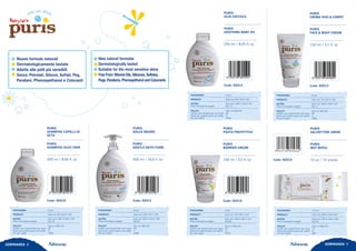 DISNEY 98 ADMIRANDA 9ADMIRANDA 8
PURIS
SHAMPOO CAPELLI DI
SETA
PURIS
DOLCE BAGNO
Code: 92010 Code: 92011
PURIS
SHAMPOO SILKY HAIR
PURIS
GENTLE BATH FOAM
250 ml / 8,45 fl. oz 500 ml / 16,9 fl. oz
PACKAGING:	 6 pcs
PRODUCT:	 Size mm 95 X 40 X 145
OUTER:	 Size mm 190 X 120 X 150
Peso lordo/gross weight:	 Kg 1,8
PALLET:	 Size cm 80x120
Cartoni per strato/Outer per layer:	 36
Strati per pallet/Layers per pallet:	 9
Pcs per pallet:	 1944
PACKAGING:	 6 pcs
PRODUCT:	 Size mm 100 X 55 X 195
OUTER:	 Size mm 205 X 165 X 193
Peso lordo/gross weight:	 Kg 3,5
PALLET:	 Size cm 80x120
Cartoni per strato/Outer per layer:	 24
Strati per pallet/Layers per pallet:	 7
Pcs per pallet:	 1008
PURIS
OLIO COCCOLE
Code: 92012
PURIS
SOOTHING BABY OIL
250 ml / 8,45 fl. oz
PACKAGING:	 6 pcs
PRODUCT:	 Size mm 95 X 40 X 145
OUTER:	 Size mm 190 X 120 X 150
Peso lordo/gross weight:	 Kg 1,5
PALLET:	 Size cm 80x120
Cartoni per strato/Outer per layer:	 36
Strati per pallet/Layers per pallet:	 9
Pcs per pallet:	 1944
PURIS
CREMA VISO & CORPO
Code: 92013
PURIS
FACE & BODY CREAM
150 ml / 5,1 fl. oz
PACKAGING:	 6 pcs
PRODUCT:	 Size mm 76 X 45 X 149
OUTER:	 Size mm 160 X 140 X 157
Peso lordo/gross weight:	 Kg 1,1
PALLET:	 Size cm 80x120
Cartoni per strato/Outer per layer:	 35
Strati per pallet/Layers per pallet:	 9
Pcs per pallet:	 1890
PURIS
PASTA PROTETTIVA
Code: 92014
PURIS
BARRIER CREAM
100 ml / 3,5 fl. oz
PACKAGING:	 6 pcs
PRODUCT:	 Size mm 76 X 45 X 123
OUTER:	 Size mm 160 X 140 X 127
Peso lordo/gross weight:	 Kg 0,8
PALLET:	 Size cm 80x120
Cartoni per strato/Outer per layer:	 35
Strati per pallet/Layers per pallet:	 11
Pcs per pallet:	 2310
PURIS
SALVIETTINE UMIDE
Code: 92015
PURIS
WET WIPES
72 pz / 72 pieces
PACKAGING:	 12 pcs
PRODUCT:	 Size mm 200 X 100 X 60
OUTER:	 Size mm 330 X 195 X 233
Peso lordo/gross weight:	 Kg 4,9
PALLET:	 Size cm 80x120
Cartoni per strato/Outer per layer:	 12
Strati per pallet/Layers per pallet:	 6
Pcs per pallet:	 864
 
