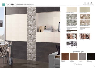 25
mosaic revestimiento pasta roja 22 x 44
pavimento gres
Boston Antracita
33,3x33,3 G7
R-7 Negro
33,3x33,3 G10
Boston Marrón
33,3x33,3 G7
R-7 Marrón
33,3x33,3 G7
Decor Cocina Inox
22x44 C28
Decor Cake1
22x44 C28
Decor Cake2
22x44 C28
Listelo Inox Cocina
2,5x44 C14
Mosaic Marfil 22x44 G4
Panel Mosaic Antracita (2 pzas)
22x44 C28
Panel Mosaic Marrón (2 pzas)
22x44 C28
Mosaic Beige 22x44 G4
Listelo Tetris Inox
2,5x44 C15
Listelo Mosaic
3x44 C14
24
Revestimiento
Walltiles
Tecnologiadigital
Digitaltechnology
td
Mate
Matte
3 3
3 3
3
 