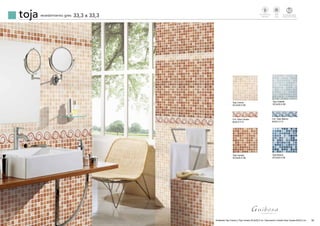 39
toja revestimiento gres 33,3 x 33,3
Toja Crema
33,3x33,3 G6
Cnf. Olas Canela
8x33,3 C13
Toja Canela
33,3x33,3 G6
Toja Celeste
33,3x33,3 G6
Cnf. Olas Marino
8x33,3 C13
Toja Marino
33,3x33,3 G6
38 Ambiente Toja Crema y Toja Canela 33,3x33,3 cm. Decoración Cenefa Olas Canela 8x33,3 cm.
Brillo
Shiny
Revestimiento
Walltiles
Tecnologiadigital
Digitaltechnology
td
 