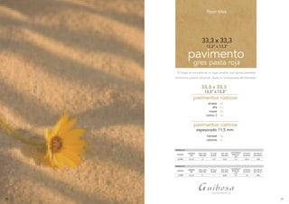 41
pavimento
33,3 x 33,3
“El hogar se convierte en un lugar amable, que aporta bienestar
emocional y placer personal, claves en la búsqueda del bienestar”
13,3” x 13,3”
floor tiles
gres pasta roja
PACKING LIST
ESPESOR
FORMATO
SIZE
PZAS. CAJA
PZAS. BOX
M2
CAJA
M2
BOX
KGS. CAJA
KGS. BOX
CAJAS PALLET
BOXES PA-
LLET
M2
PALLET
M2
PALLET
KGS. PALLET
KGS. PALLET
8,5 MM 33 x 33 12 1,33 21,02 52 69,16 1108
PACKING LIST
ESPESOR
FORMATO
SIZE
PZAS. CAJA
PZAS. BOX
M2
CAJA
M2
BOX
KGS. CAJA
KGS. BOX
CAJAS PALLET
BOXES PA-
LLET
M2
PALLET
M2
PALLET
KGS. PALLET
KGS. PALLET
33 x 33 20,9 2 1100
40
1211,5 MM 91 91 55 55 255
alcázar
alfa
marea
rústico 3
42
43
44
45
pavimentos rústicos
benasal
cabanes
46
47
pavimentos rústicos
espesorado 11,5 mm.
13,3” x 13,3”
33,3 x 33,3
 