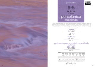 49
33 x 66
riga
odesa
50-52
53
16,5 x 66
oslo 54
porcelánico
33 x 66
12,9” x 25,7”
“Duro y resistente a la vez que bello y elegante, nuestro porcélanico es perfecto tanto para
interiores como para exteriores, para espacios privados como públicos, porque cuenta , con
todas las exigencias de seguridad e higiene requeridas. Permiten crear habitats modernos con
las tedencias más actuales del momento. Piedras, cementos y maderas, para dar personalidad
y calidez a nuestros hogares.”
porcelain tiles
48
esmaltado
16,5 x 66
6,2” x 25,7”
pavimento gres porcelánico esmaltado
13,3” x 13,3”
33,3 x 33,3
onda 57
pasta roja
PACKING LIST
SERIE
FORMATO
SIZE
PZAS. CAJA
PZAS. BOX
M2
CAJA
M2
BOX
KGS. CAJA
KGS. BOX
CAJAS PALLET
BOXES
PALLET
M2
PALLET
M2
PALLET
KGS. PALLET
KGS. PALLET
33 x 66 cm.
13”x 26”
,3 8 62,88 1300
PACKING LIST
SERIE
FORMATO
SIZE
PZAS. CAJA
PZAS. BOX
M2
CAJA
M2
BOX
KGS. CAJA
KGS. BOX
CAJAS PALLET
BOXES
PALLET
M2
PALLET
M2
PALLET
KGS. PALLET
KGS. PALLET
16,5X66 11 1,20 27,08 48 57,60 1300
61 61 61 1274 74
12,9” x 25,7”
6,2” x 25,7”
 