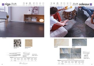 52 53
riga porcelánico
33 x 66
Riga Marengo
Mosaico Riga Gris
30x30 C40
Mosaico Riga Beige
30x30 C40
odessa
Odesa Beige
33x66 G16
Odesa Gris
33x66 G16
Combinación Odesa Gris
Combinación Odesa Gris 33x66
Listelo Inox Mate 1x66 C18
Listelo Inox Brillo 2x66 C18
porcelánico
33 x 66Pavimento
Floortiles
Tecnologiadigital
Digitaltechnology
td
Mate
Matte
Porcelánico
Porcelain
P
Notrabar
+20%
Antihielo
Frostresistance
Clase2
Antislip
Pavimento
Floortiles
Tecnologiadigital
Digitaltechnology
td
Mate
Matte
Porcelánico
Porcelain
P
Notrabar
+20%
Antihielo
Frostresistance
Clase3
Antislip
PACKING LIST
SERIE
FORMATO
SIZE
PZAS. CAJA
PZAS. BOX
M2
CAJA
M2
BOX
KGS. CAJA
KGS. BOX
CAJAS PALLET
BOXES PA-
LLET
M2
PALLET
M2
PALLET
KGS. PALLET
KGS. PALLET
RIGA
33 x 66 cm.
13”x 26”
,3 8 62,88 130061 61 61 1274 74 PACKING LIST
SERIE
FORMATO
SIZE
PZAS. CAJA
PZAS. BOX
M2
CAJA
M2
BOX
KGS. CAJA
KGS. BOX
CAJAS PALLET
BOXES
PALLET
M2
PALLET
M2
PALLET
KGS. PALLET
KGS. PALLET
ODESA
33 x 66 cm.
13”x 26”
,3 8 62,88 130061 61 61 1274 74
Rodapié 7,3x66 C15Peldaño C35
Esquina C33
Peldaño C-35
Esquina C-33
Rodapié 7,3x66 C-15
 