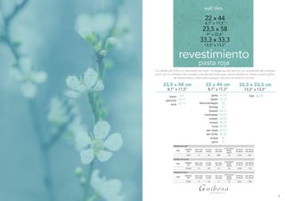4 5
“La calidez del brillo y la sobriedad del mate. La elegancia del mármol. La naturalidad del cemento
junto con los relieves más actuales y las decoraciones que marcan tendencia, hacen nuestra gama
de revestimiento, ideal para cualquier solución en baños y cocinas.”
revestimiento
22 x 44
23,5 x 58
33,3 x 33,3
pasta roja
PACKING LIST 22x44
SERIE
FORMATO
SIZE
PZAS. CAJA
PZAS. BOX
M2
CAJA
M2
BOX
KGS. CAJA
KGS. BOX
CAJAS PALLET
BOXES
PALLET
M2
PALLET
M2
PALLET
KGS. PALLET
KGS. PALLET
22x44 14 1,36 64 87,04
PACKING LIST 23,5x58
SERIE
FORMATO
SIZE
PZAS. CAJA
PZAS. BOX
M2
CAJA
M2
BOX
KGS. CAJA
KGS. BOX
CAJAS PALLET
BOXES
PALLET
M2
PALLET
M2
PALLET
KGS. PALLET
KGS. PALLET
23,5x58 10 1,36 23 48 65,28 1.116
PACKING LIST 33X33
SERIE
FORMATO
SIZE
PZAS. CAJA
PZAS. BOX
M2
CAJA
M2
BOX
KGS. CAJA
KGS. BOX
CAJAS PALLET
BOXES
PALLET
M2
PALLET
M2
PALLET
KGS. PALLET
KGS. PALLET
33X33 12 1,33 21 52 69,16 1.108
13,3” x 13,3”
8,7” x 17,3”
9” x 22,6”
wall tiles
8,7” x 17,3”
23,5 x 58 cm
tranis
peninne
orce
6-9
10-11
12-13
13,3” x 13,3”
33,3 x 33,3 cm
toja 38-39
8,7” x 17,3”
22 x 44 cm
jávea
ópalo
blancos/negro
fantasy
boston
manhattan
mosaic
moscú
nova
zen mate
zen brillo
acqua
yanis
14-15
16-17
18
19
20-21
22-23
24-25
26-27
28-29
30-33
34-35
36
37
24,4024,4024,4087,0487,04 24,401,361,361.581
 